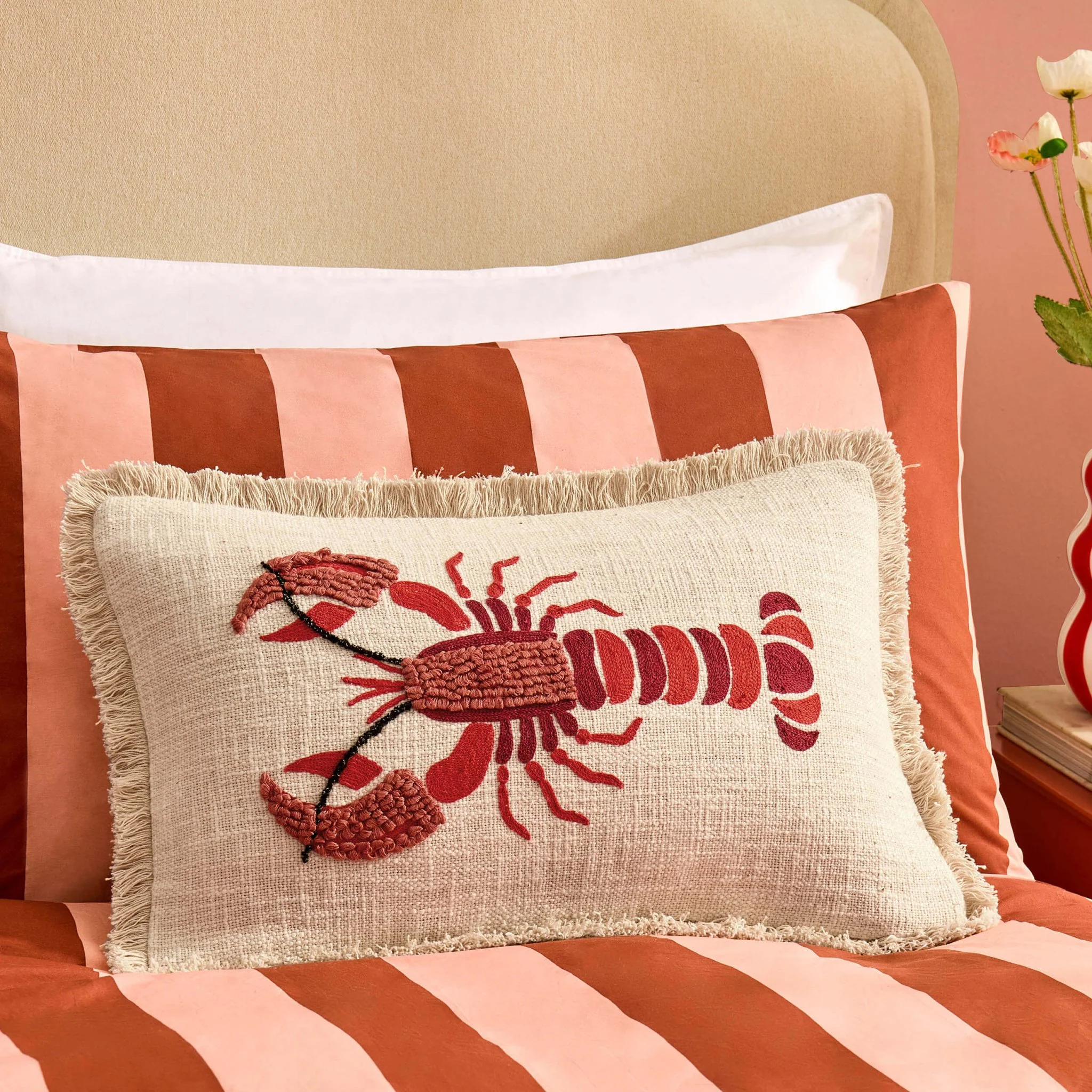 100% Cotton Embroidered Loop Lobster Cushion Cover - Stone/ Red