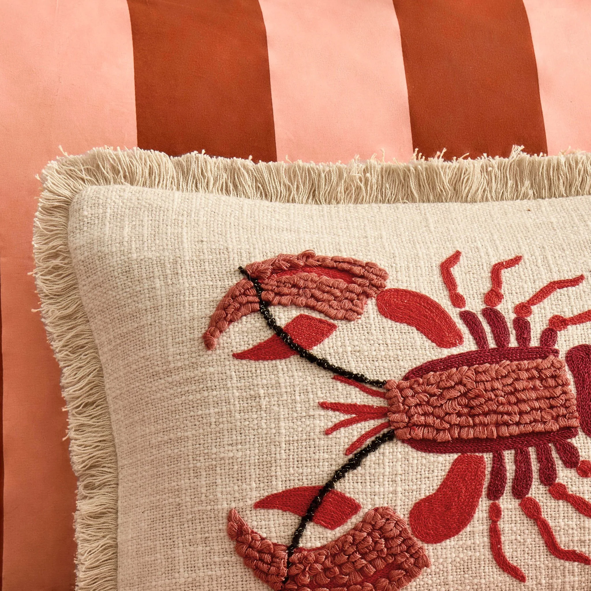100% Cotton Embroidered Loop Lobster Cushion Cover - Stone/ Red - Image 2