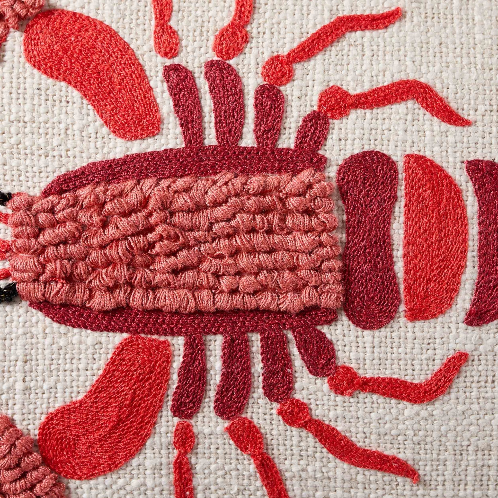 100% Cotton Embroidered Loop Lobster Sofa Cushion Cover - Stone/ Red - Image 3