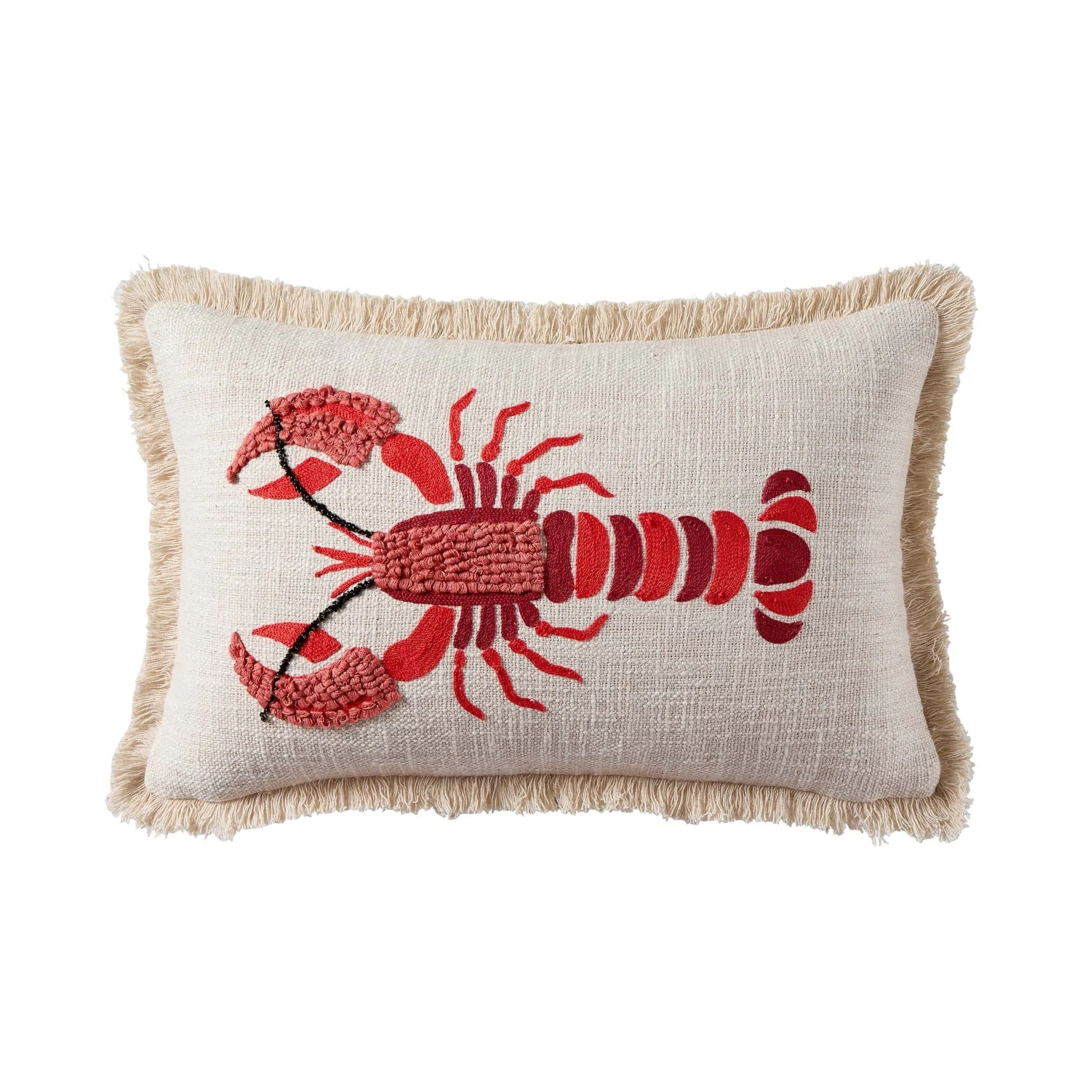 100% Cotton Embroidered Loop Lobster Sofa Cushion Cover - Stone/ Red - Image 4