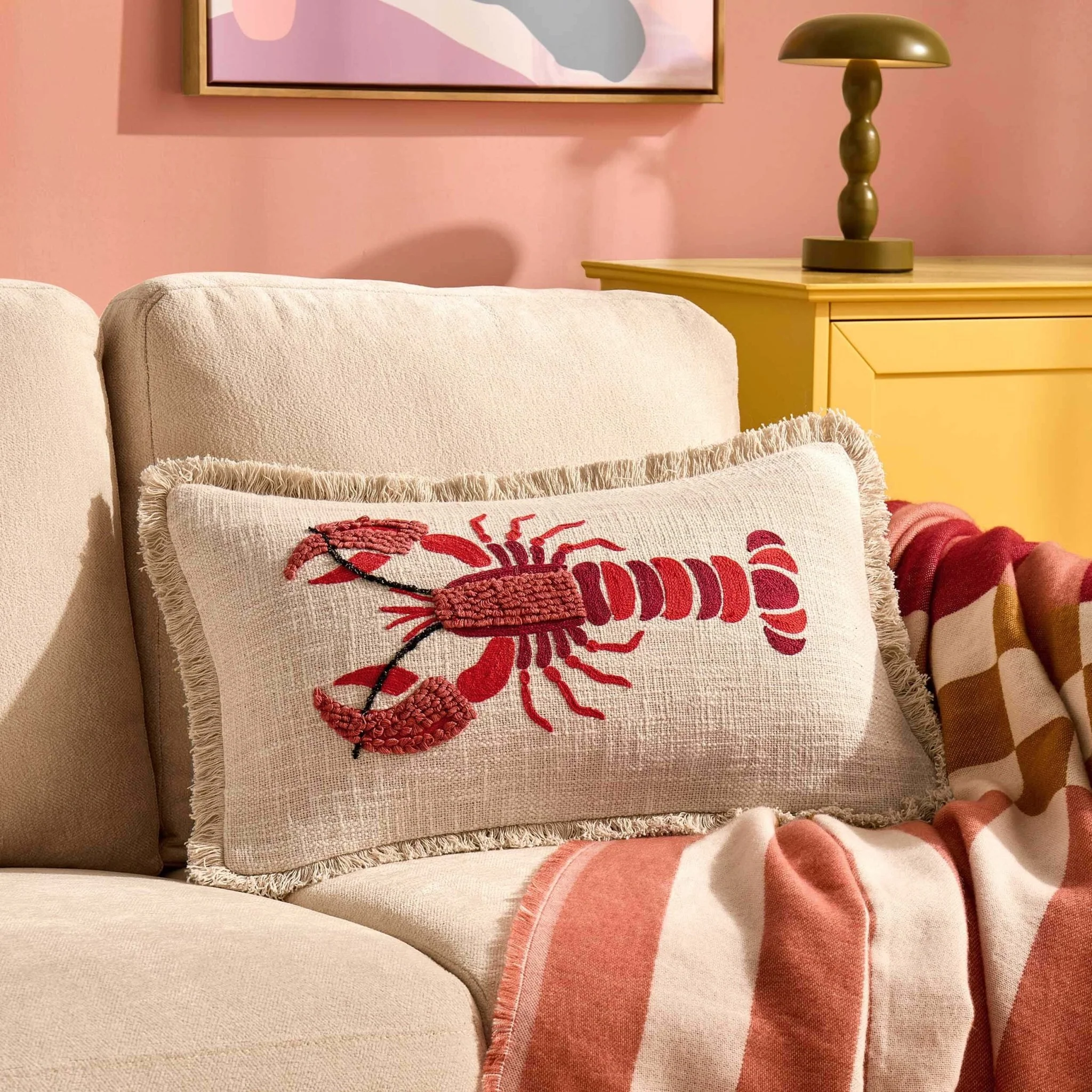 100% Cotton Embroidered Loop Lobster Sofa Cushion Cover - Stone/ Red