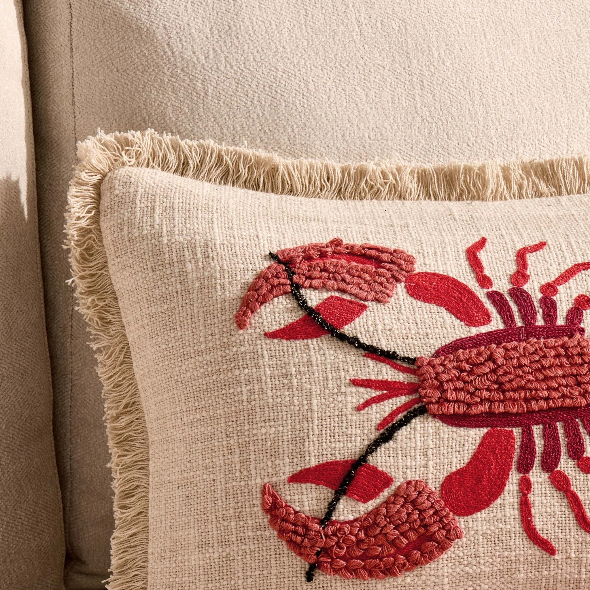 100% Cotton Embroidered Loop Lobster Sofa Cushion Cover - Stone/ Red - Image 2