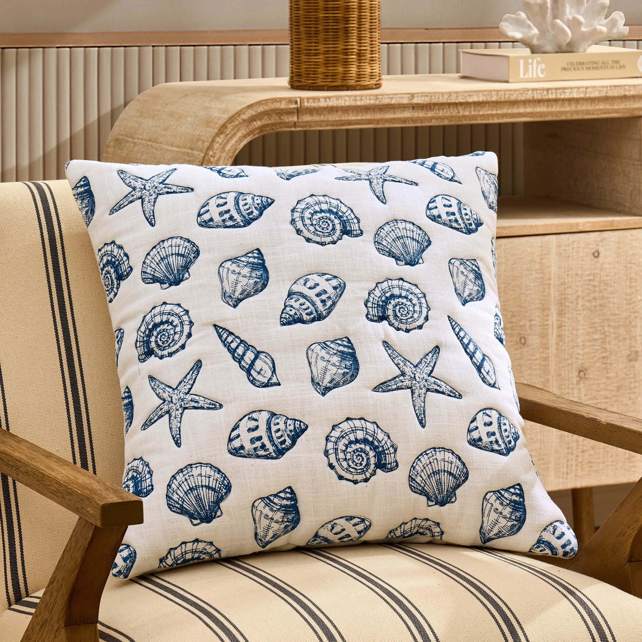100% Cotton Stitched Shell Sofa Cushion Cover - Natural/ Blue