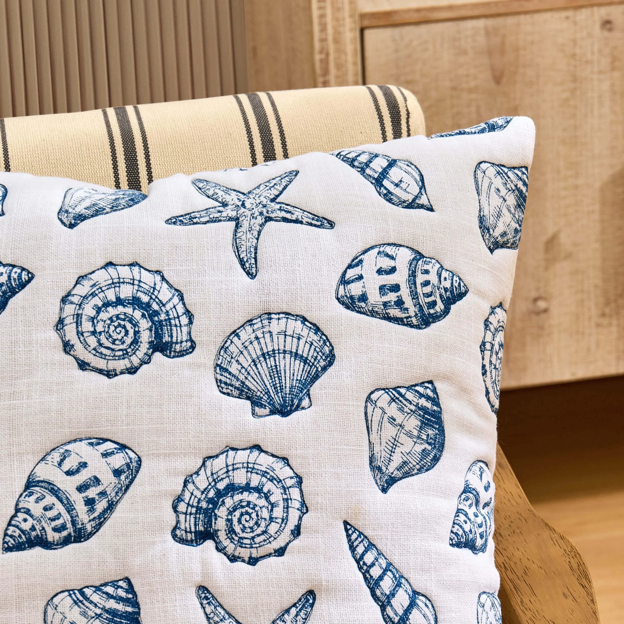 100% Cotton Stitched Shell Sofa Cushion Cover - Natural/ Blue - Image 2