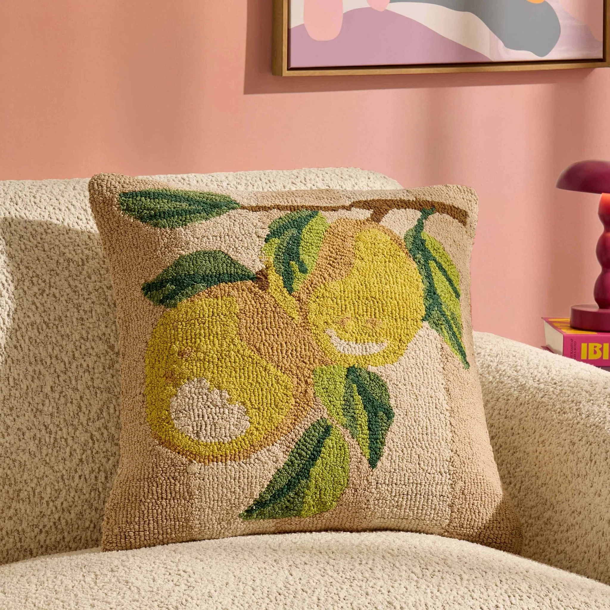 100% Cotton Tufted Loop Lemon Sofa Cushion Cover- Yellow/Natural