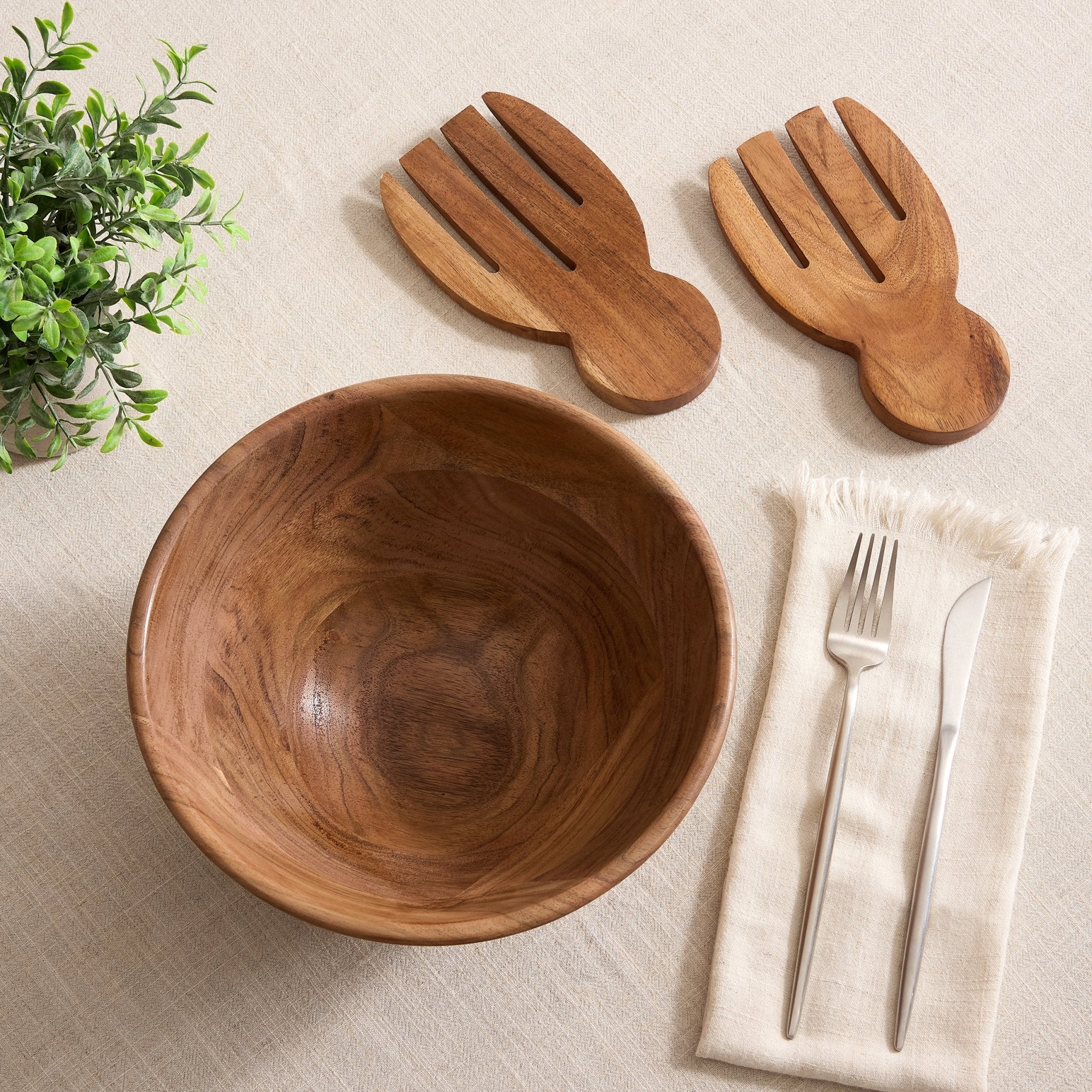 Acacia Salad Bowl with Servers - Natural