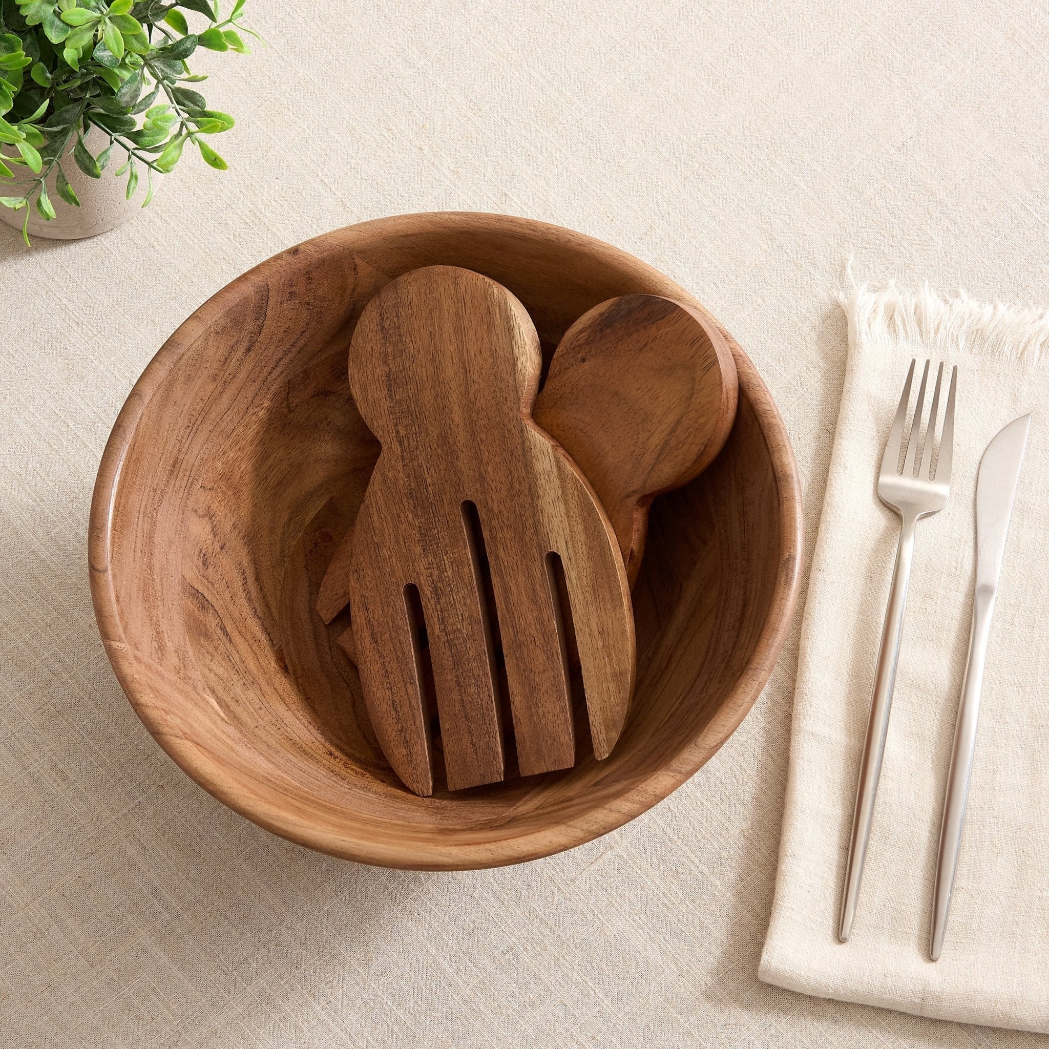 Acacia Salad Bowl with Servers - Natural - Image 2