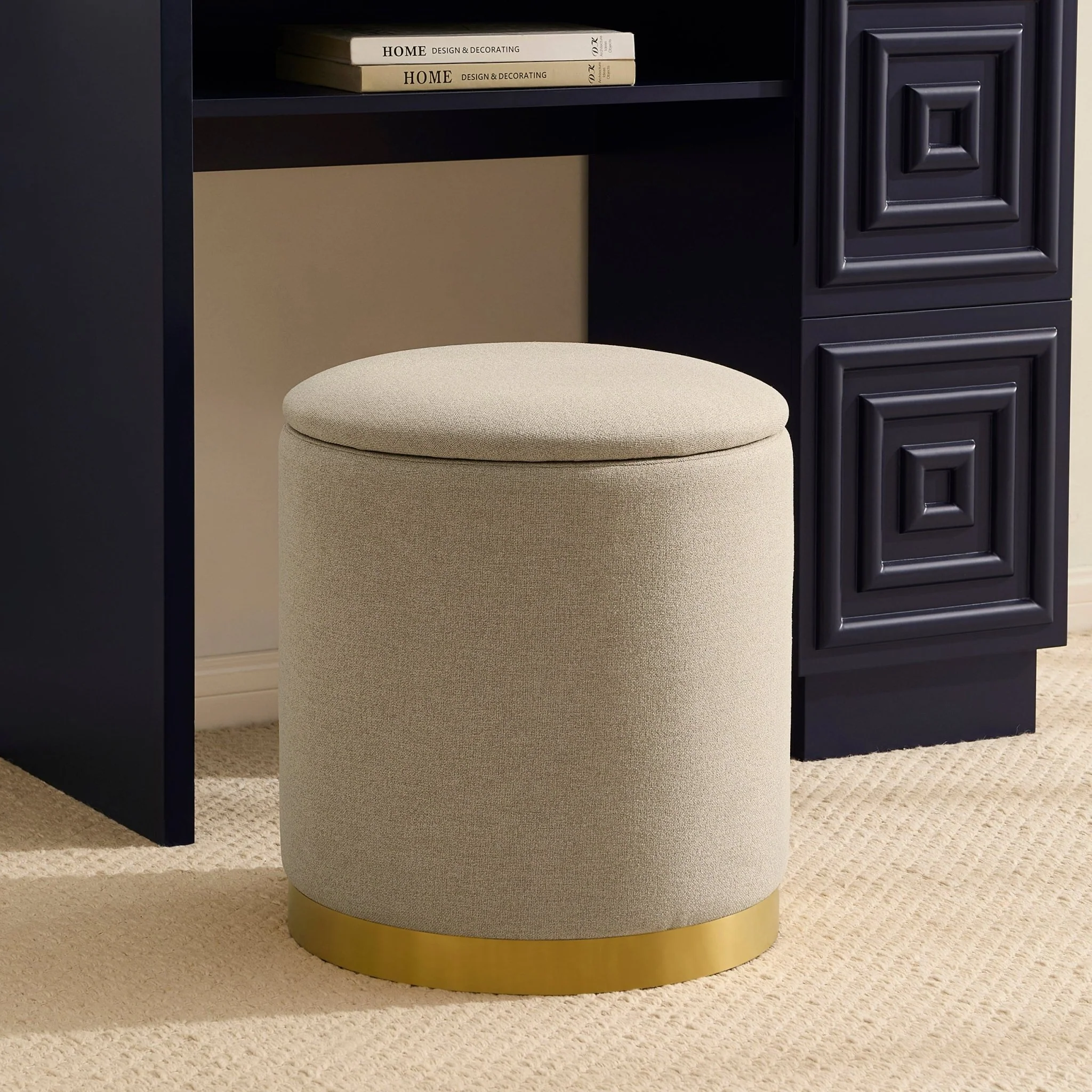 Adelaide Gold Base Storage Stool - Oatmeal