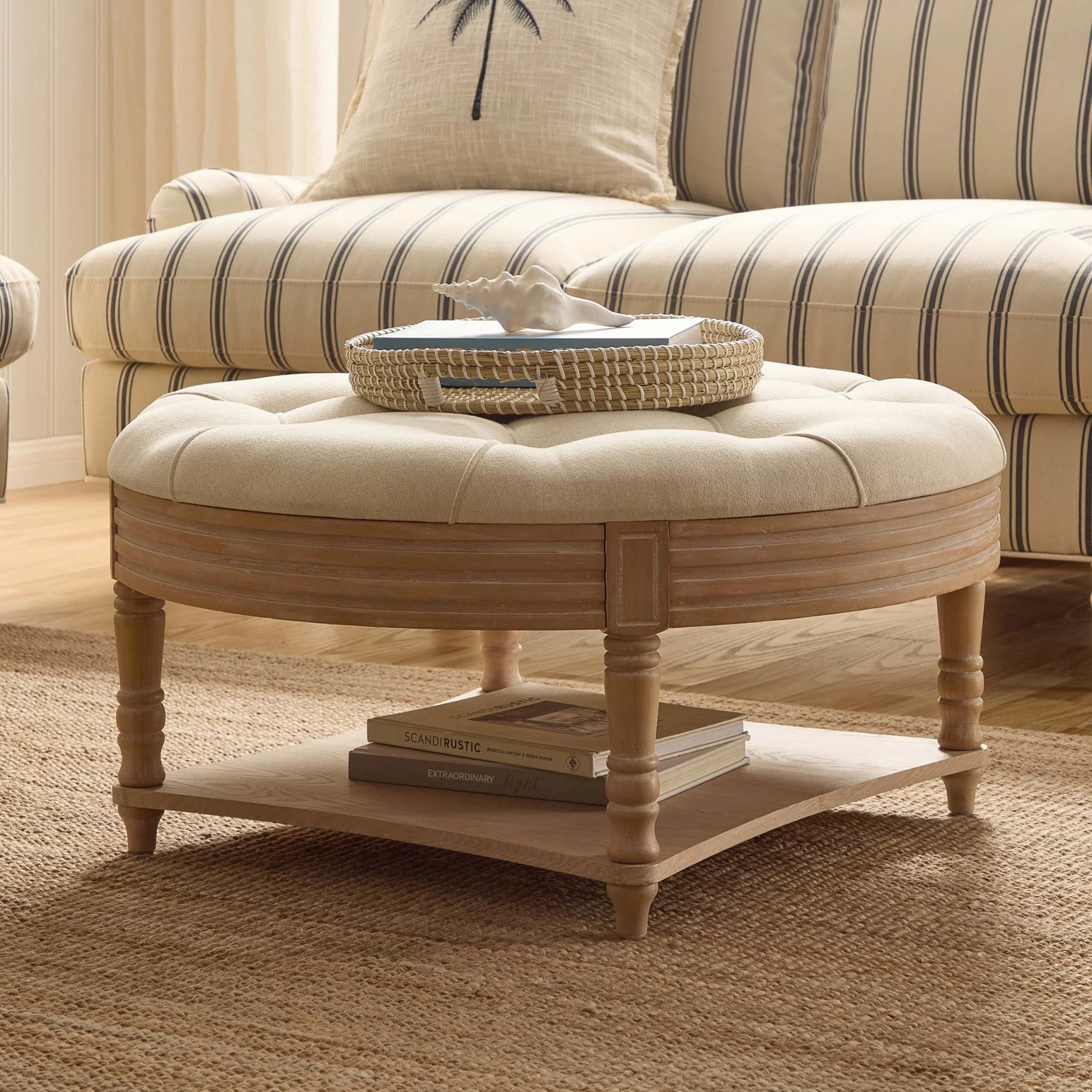 Aubrey Round Coffee Table Pouffe - Cream Linen - Image 2