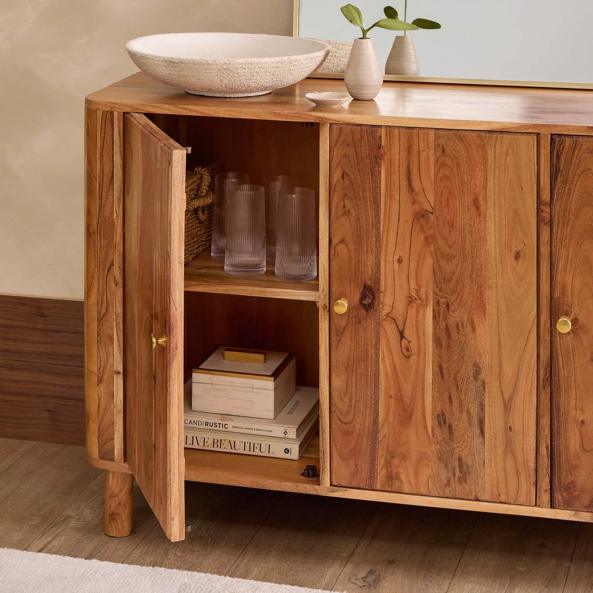 Avery Acacia Wood 3 Door Sideboard - Natural - Image 3