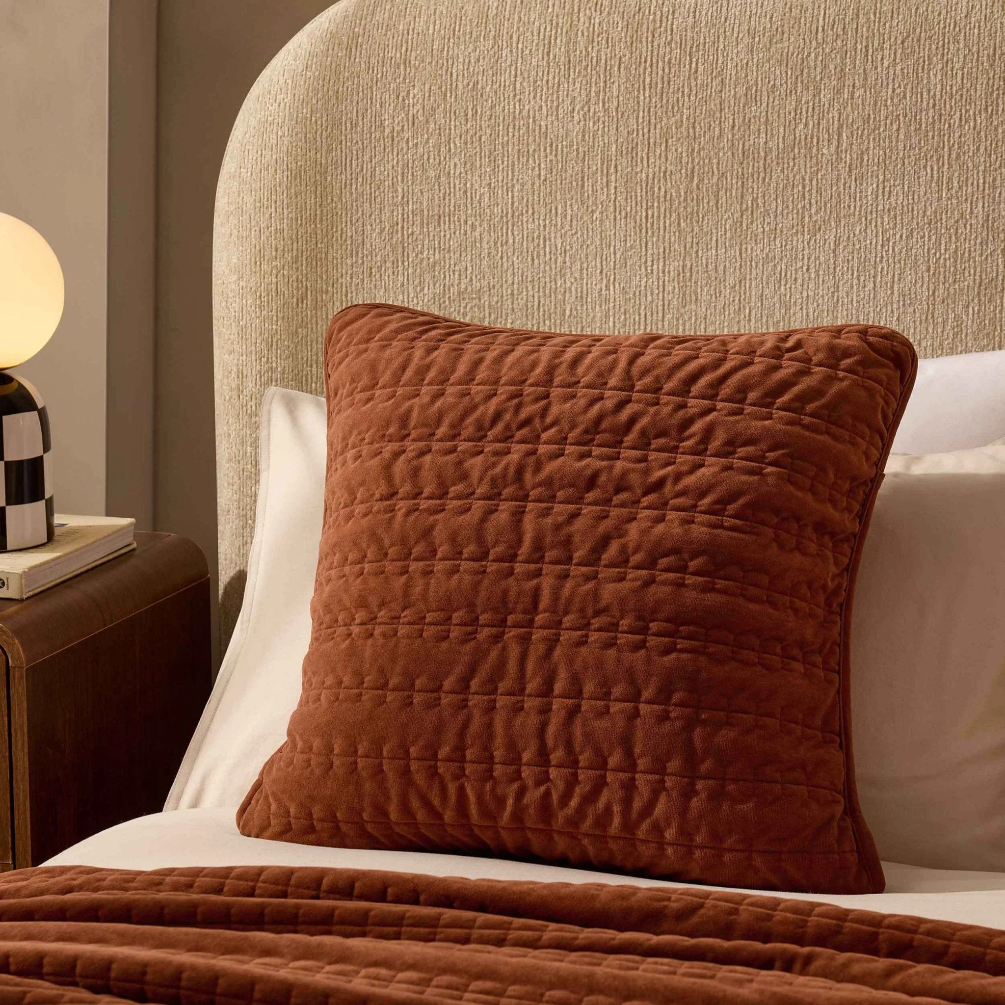 Bavaro Velvet Quilted Stitch Detail Cushion Cover - Burnt Orange