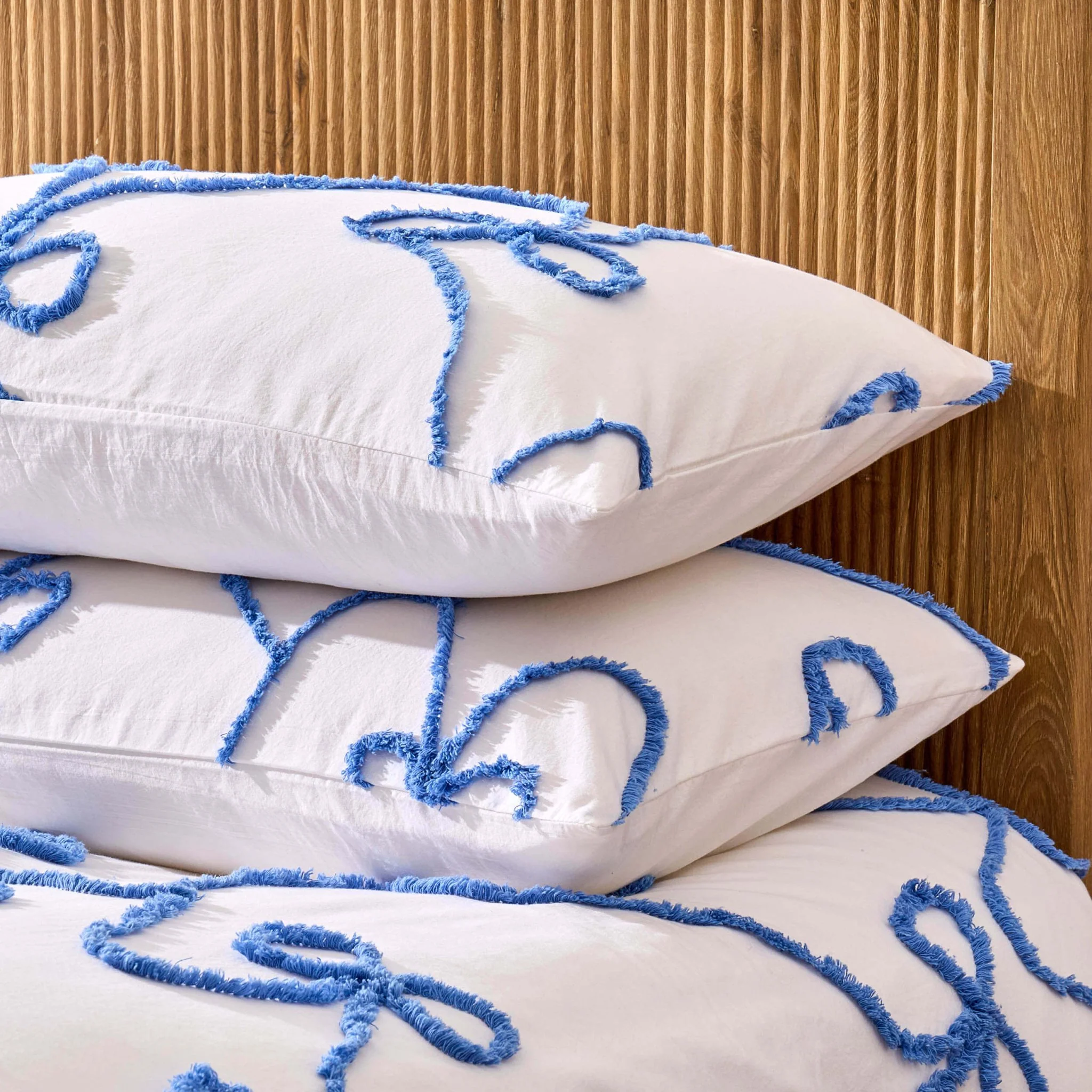 Bella 100% Cotton Tufted Bows Duvet Cover & Pillowcase Set - Light Cornflower - Image 4