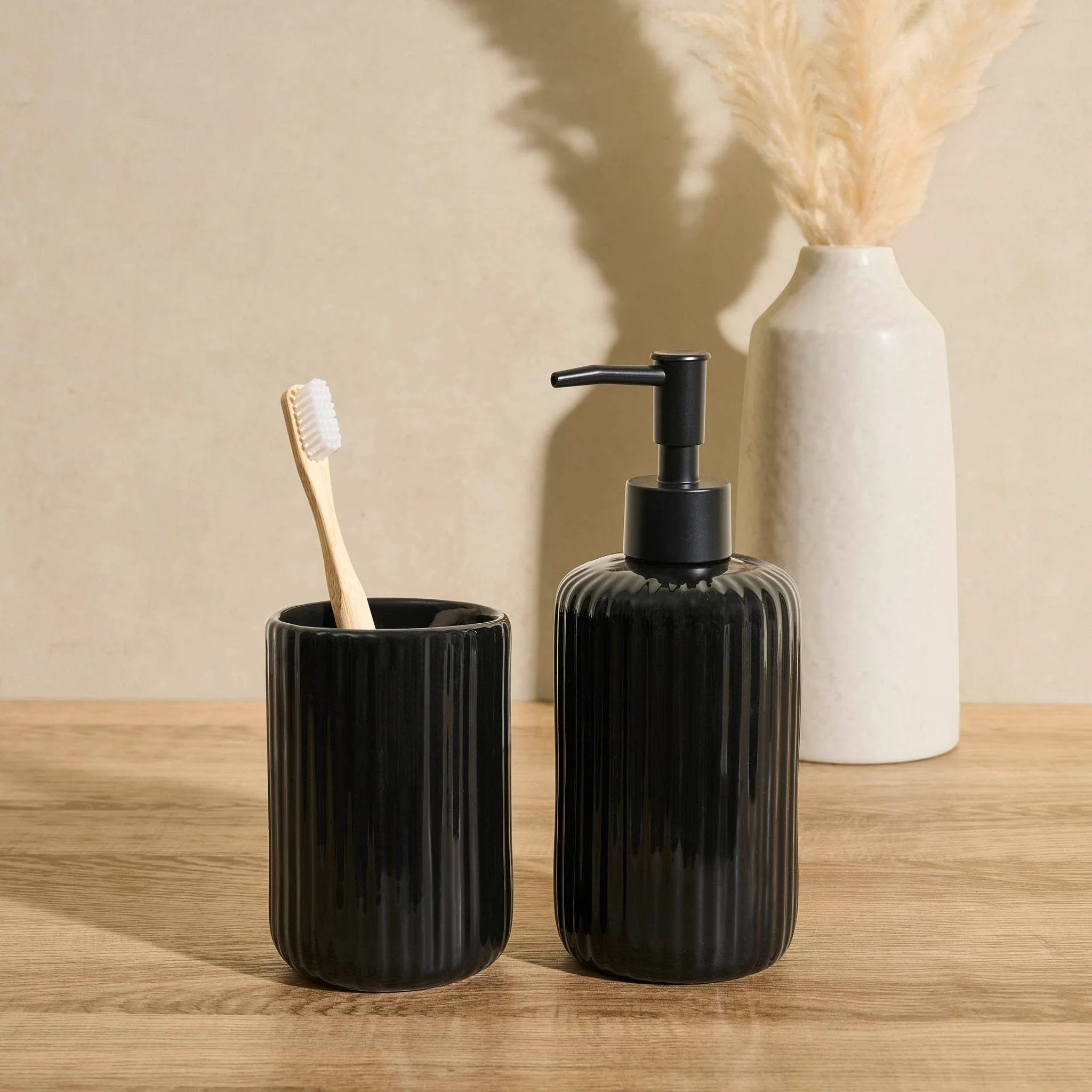 Blake Ribbed Glaze Accessories Bundle - Set of 2 - Black