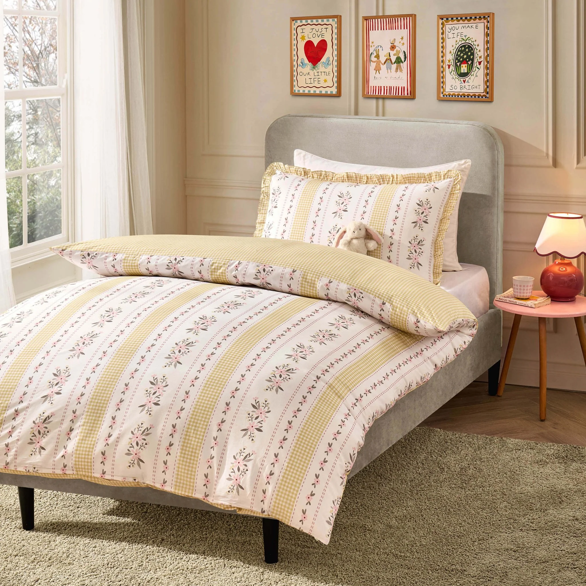 Bobbie 100% Cotton Floral Gingham Duvet Cover & Pillowcase set - Yellow