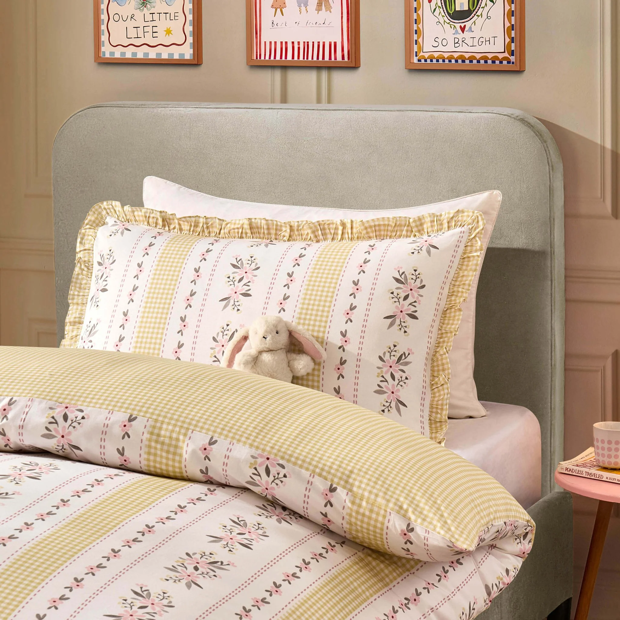 Bobbie 100% Cotton Floral Gingham Duvet Cover & Pillowcase set - Yellow - Image 2
