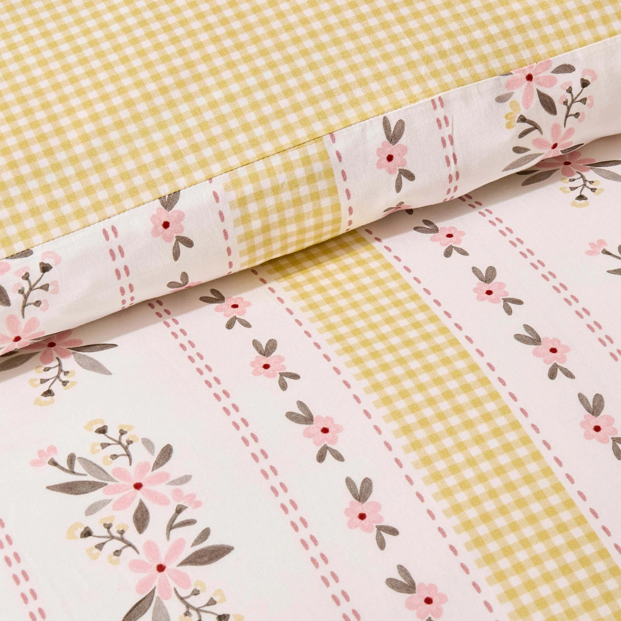 Bobbie 100% Cotton Floral Gingham Duvet Cover & Pillowcase set - Yellow - Image 3