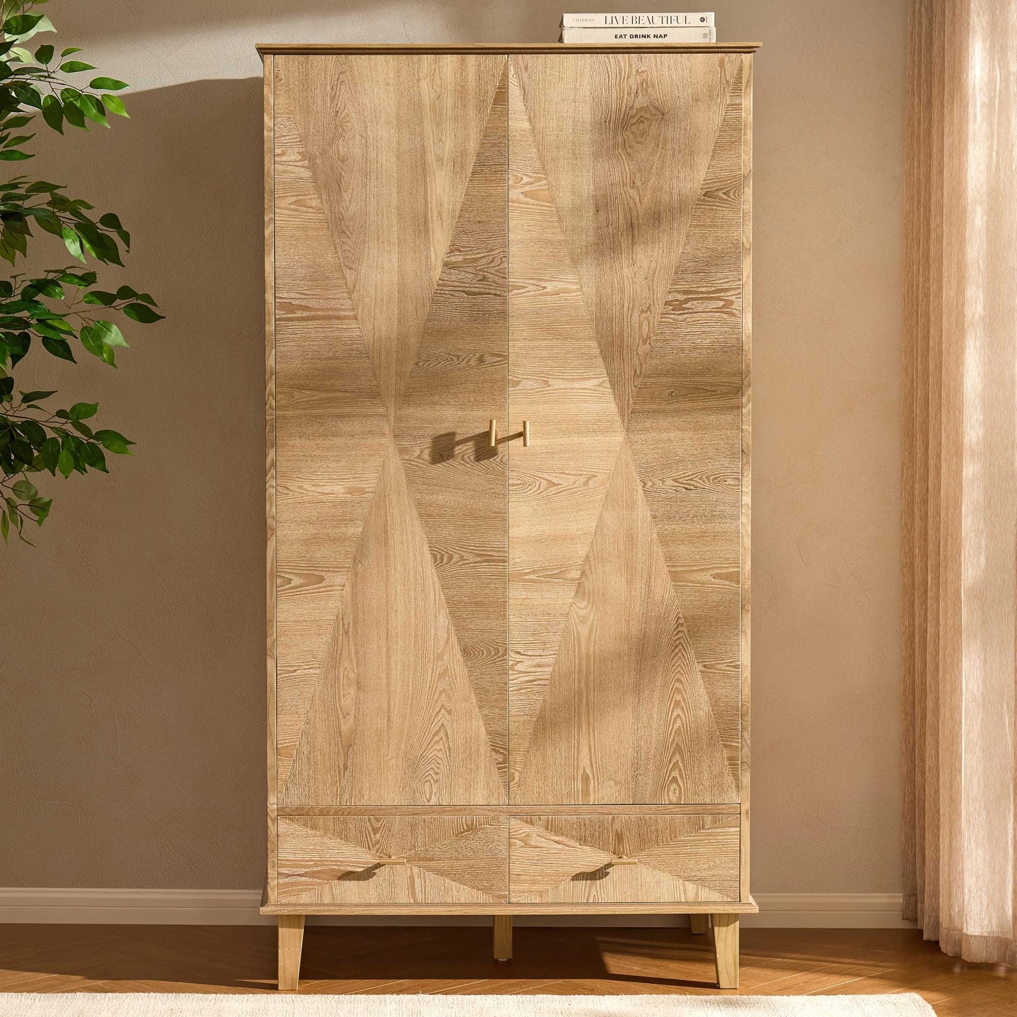 Brianna Concave 2 Door Wardrobe with Drawers - Light Wood