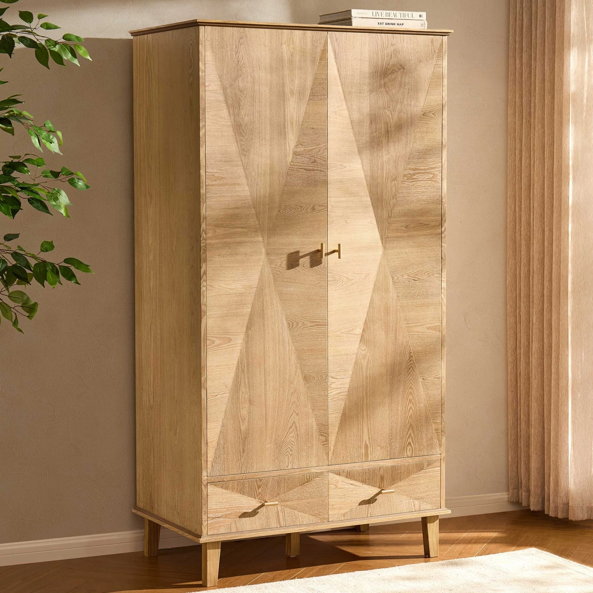 Brianna Concave 2 Door Wardrobe with Drawers - Light Wood - Image 2