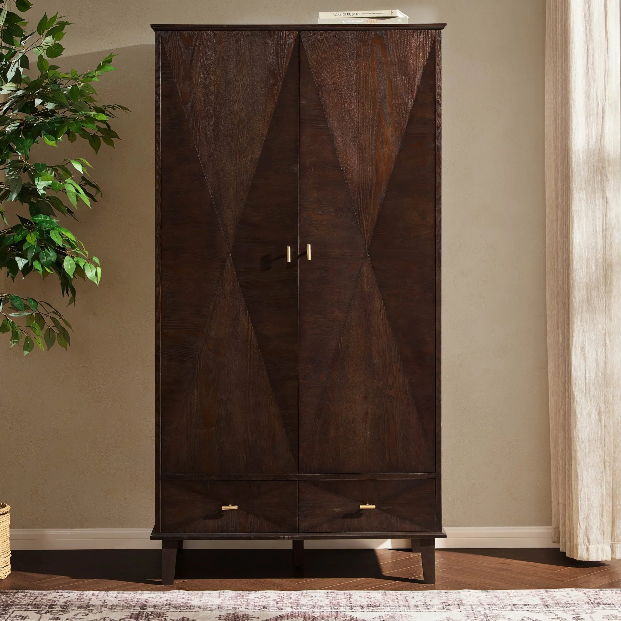 Brianna Concave 2 Door Wardrobe with Drawers - Walnut