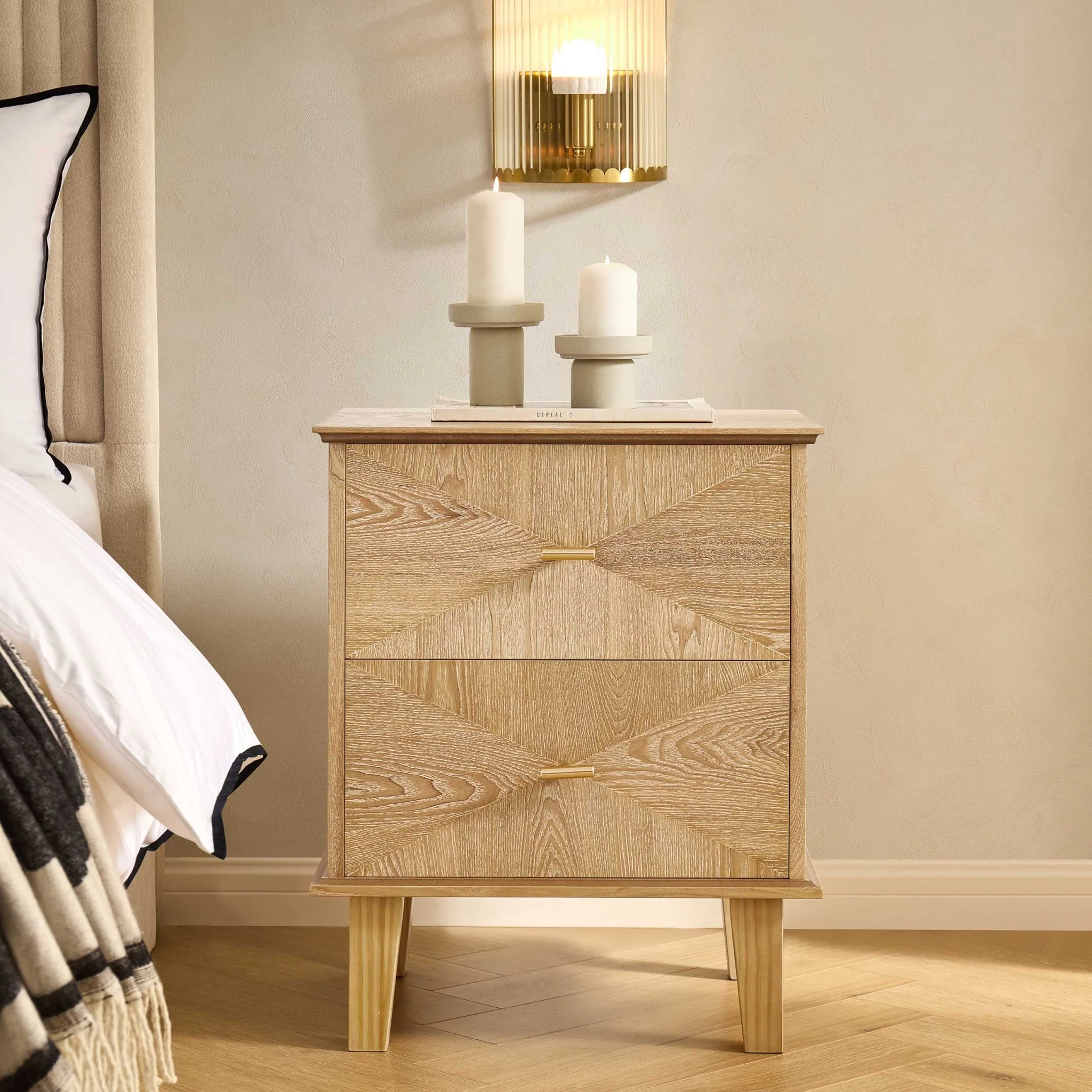 Brianna Concave 2 Drawer Bedside Table - Light Wood