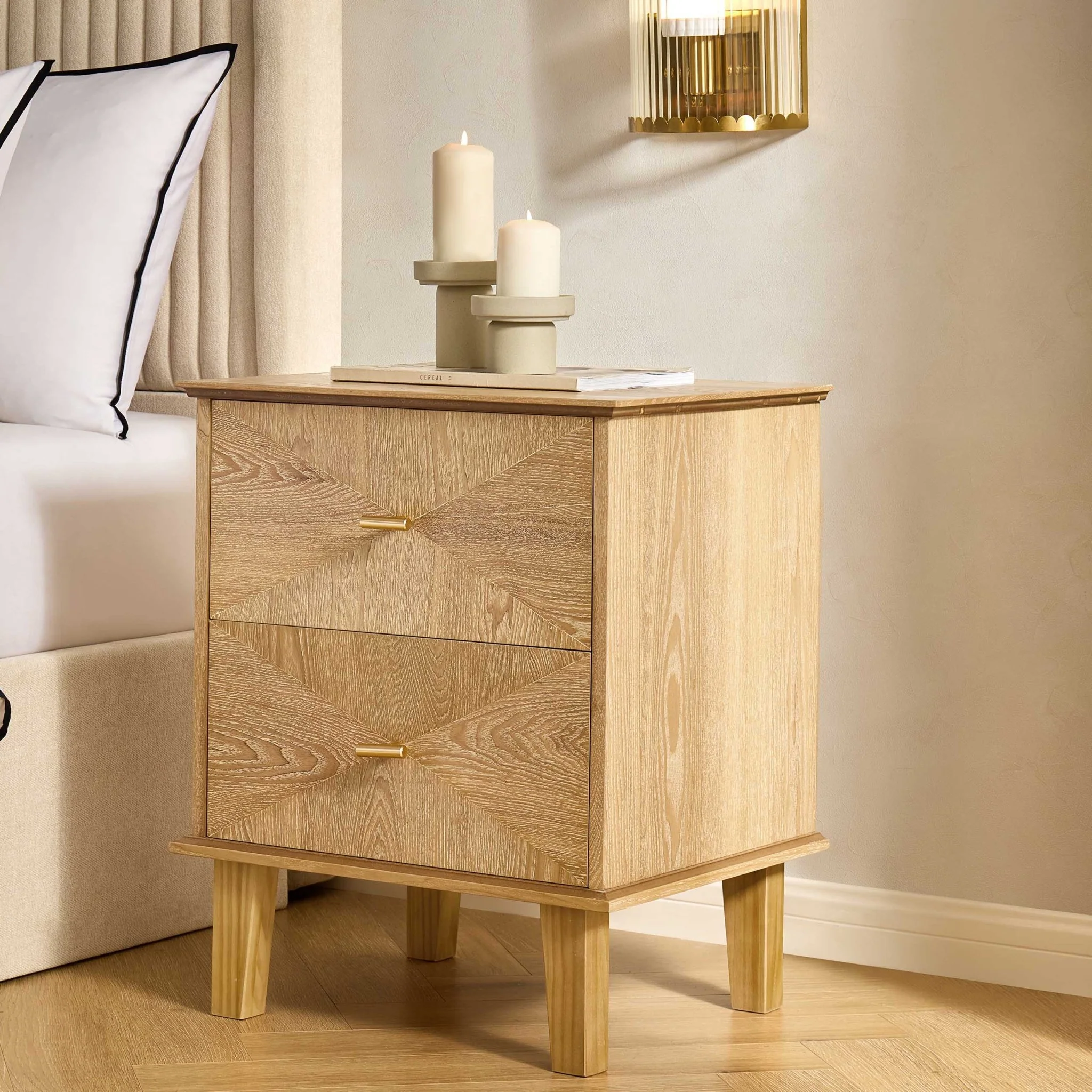 Brianna Concave 2 Drawer Bedside Table - Light Wood - Image 2
