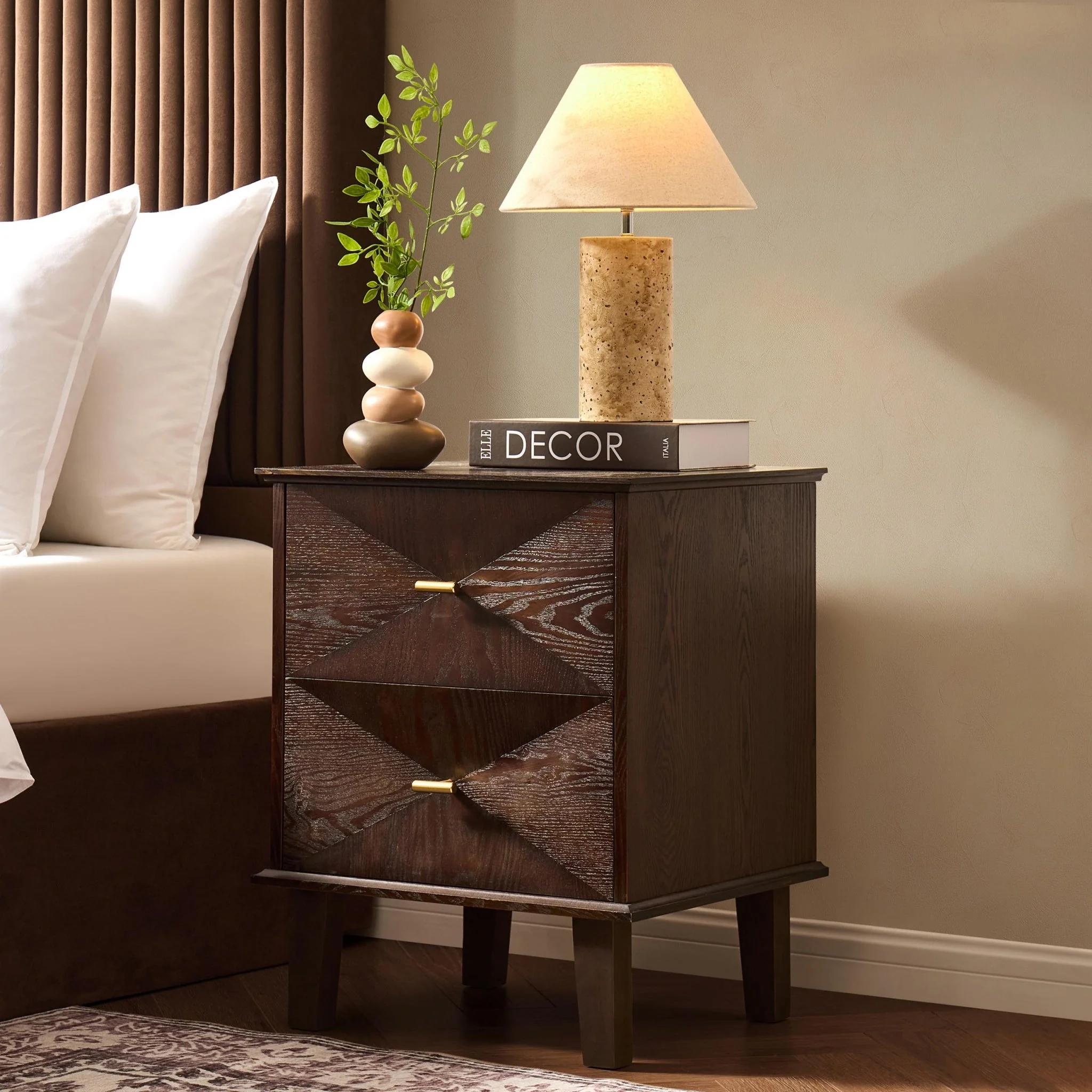 Brianna Concave 2 Drawer Bedside Table - Walnut