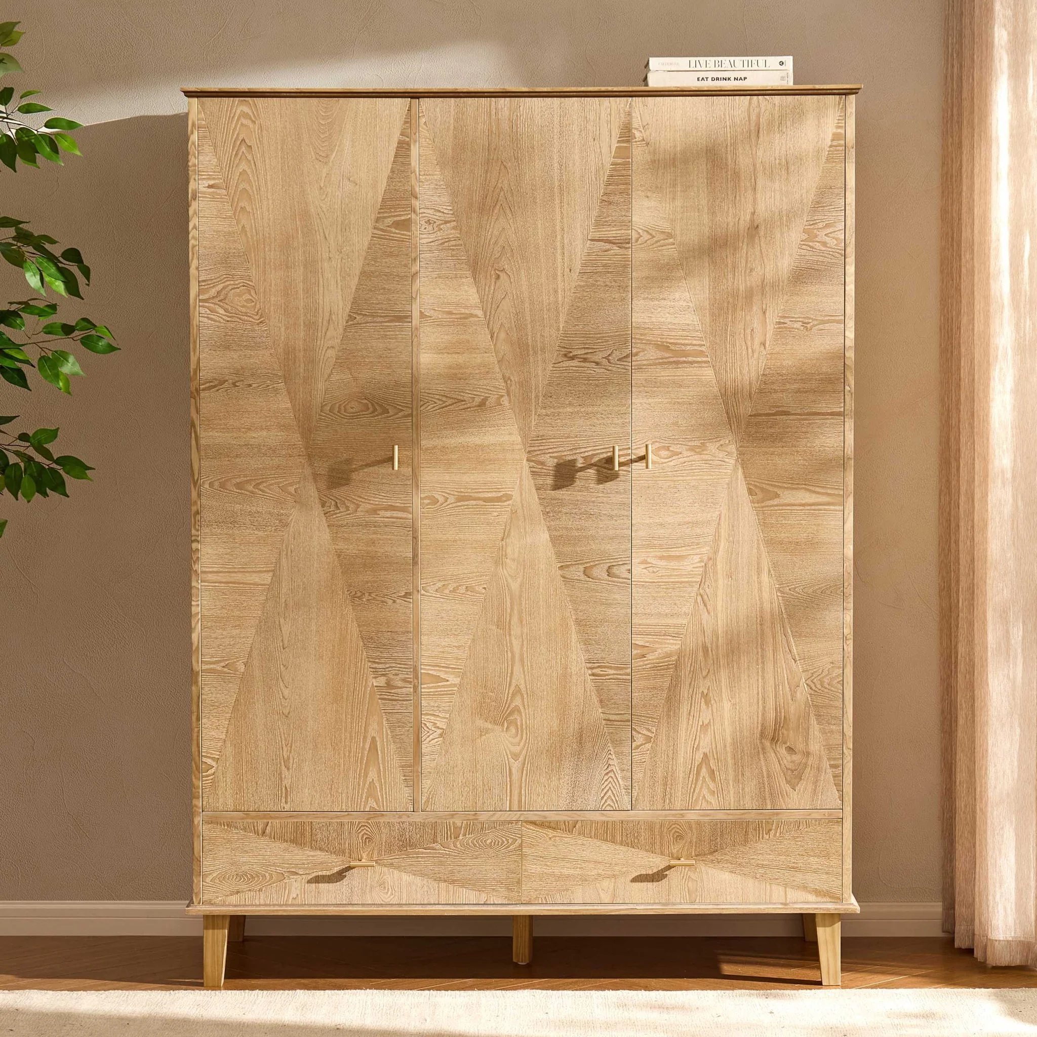 Brianna Concave 3 Door Wardrobe with Drawers - Light Wood