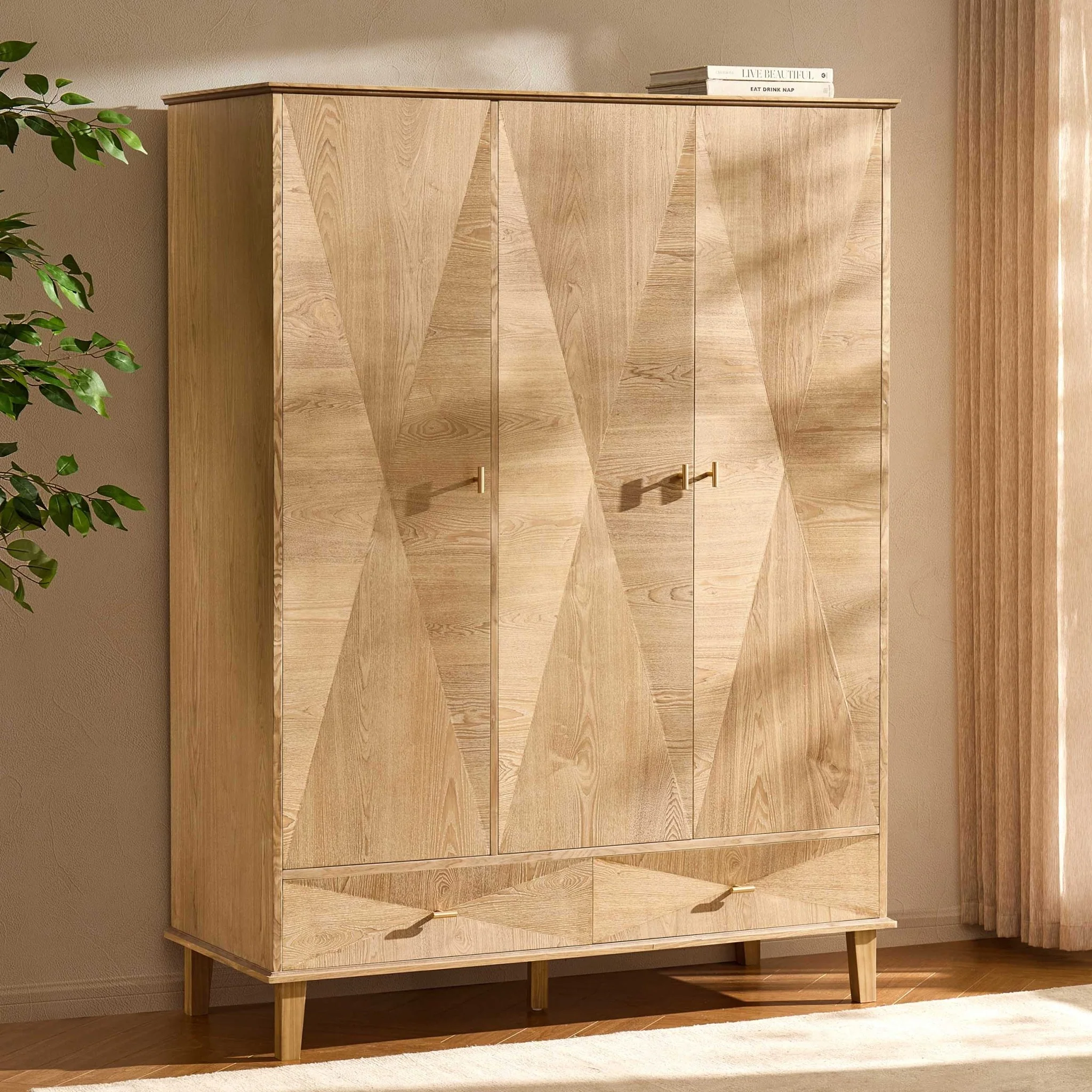 Brianna Concave 3 Door Wardrobe with Drawers - Light Wood - Image 2