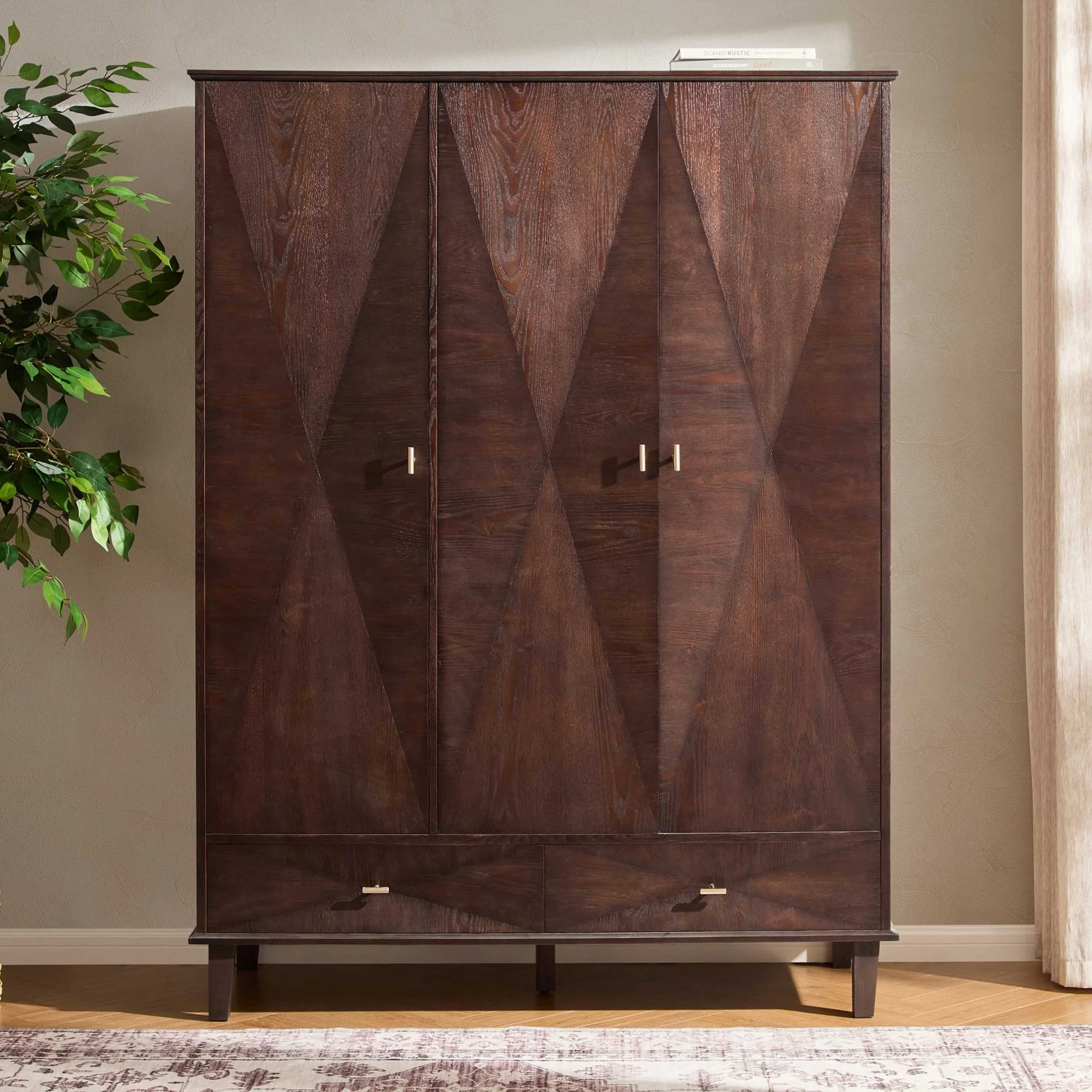 Brianna Concave 3 Door Wardrobe with Drawers - Walnut