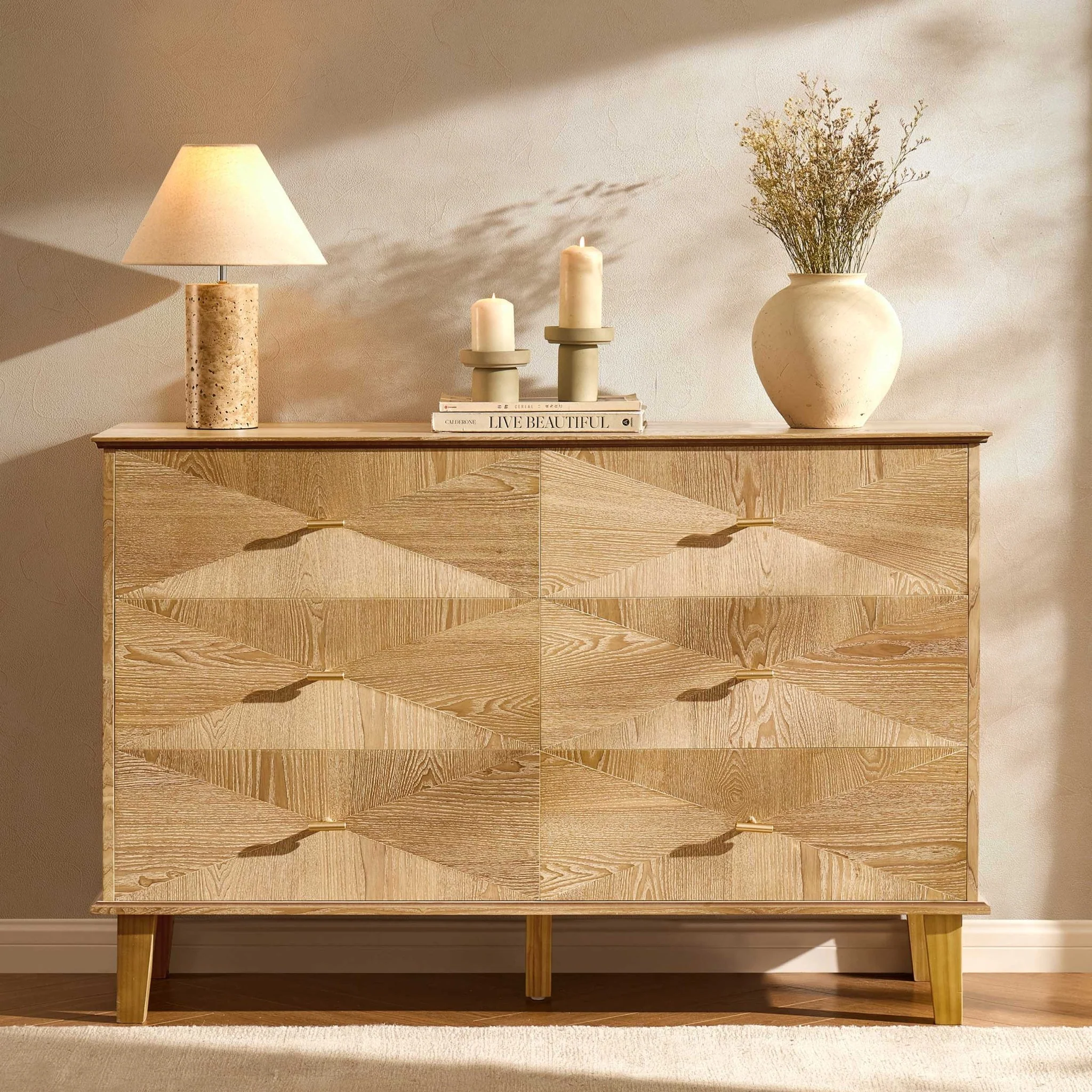 Brianna Concave 6 Drawer Chest - Light Wood