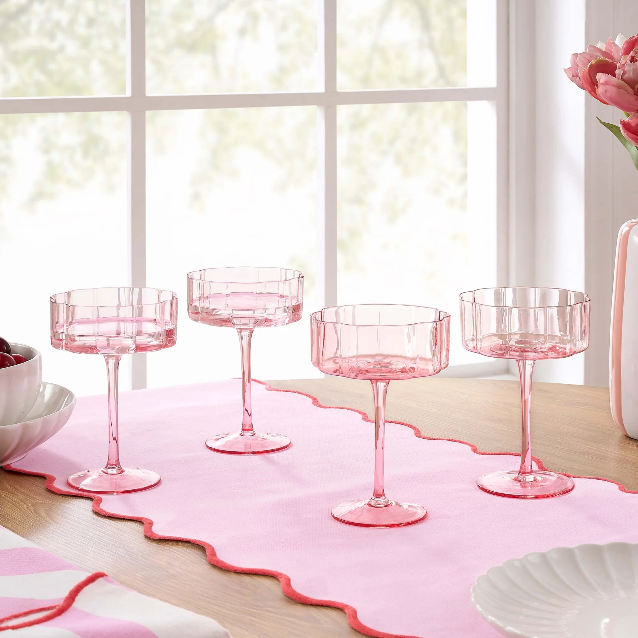 Brynn Scalloped Edge Glass Coupes - Set of 4 - Pink