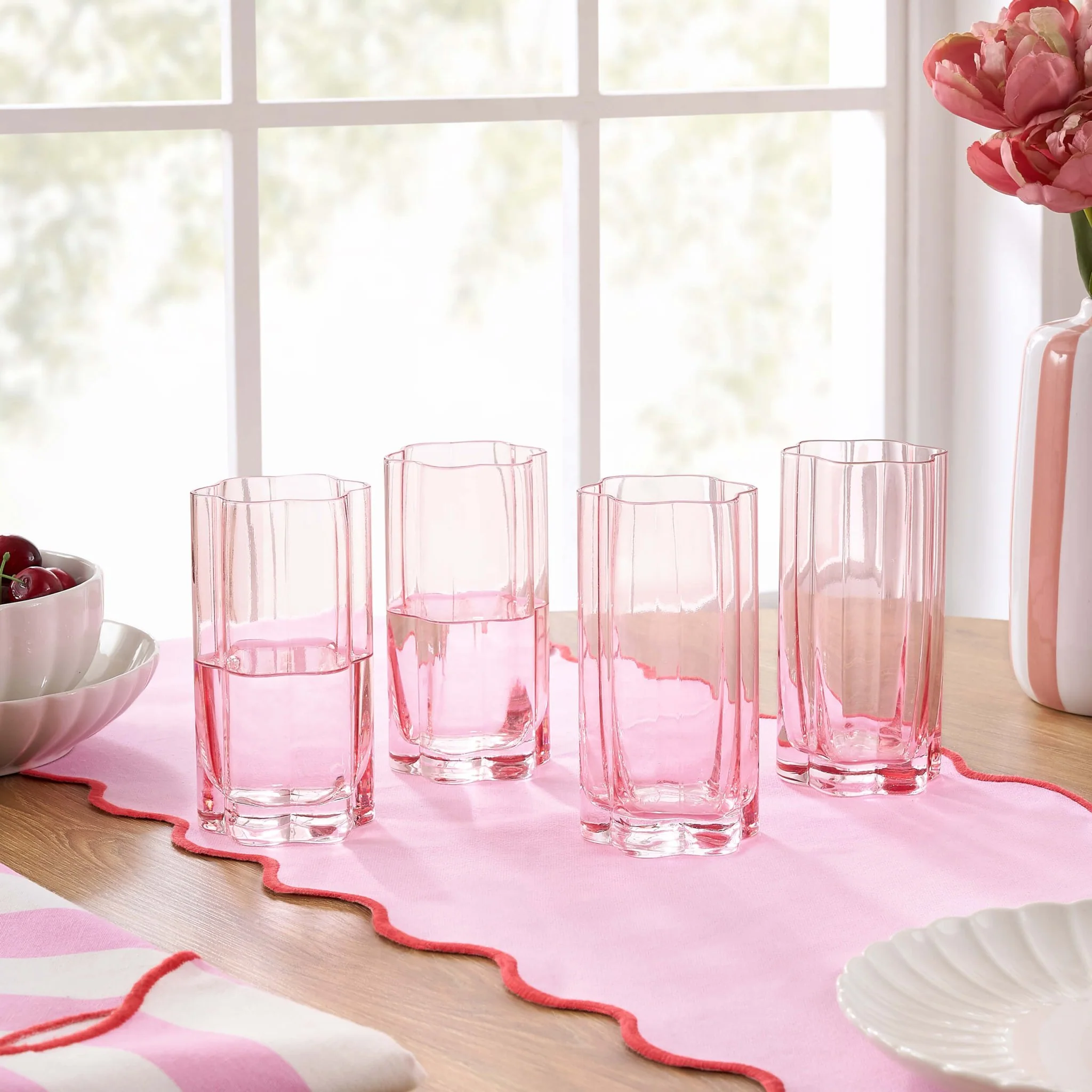 Brynn Scalloped Edge Glass Highballs - Set of 4 - Pink