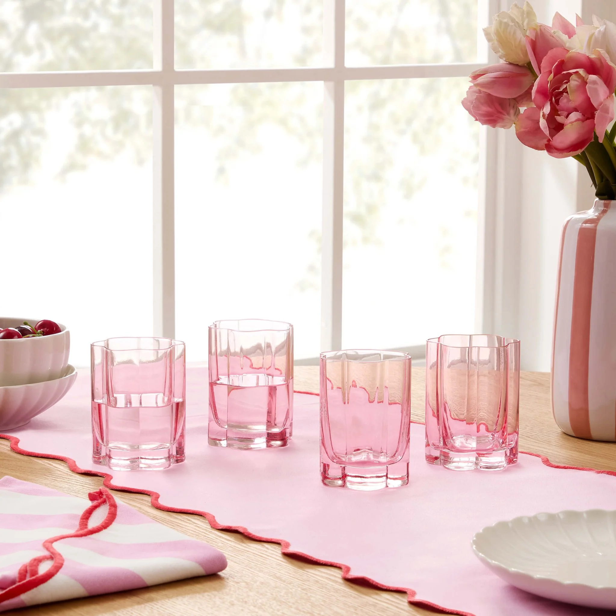 Brynn Scalloped Edge Glass Tumblers - Set of 4 - Pink