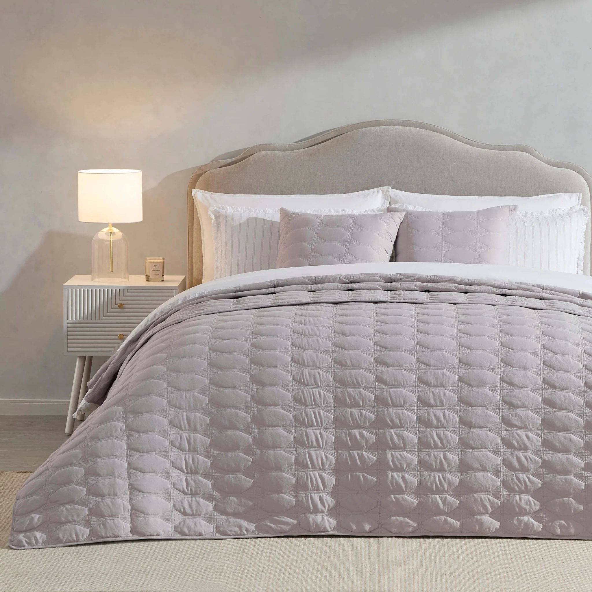 Charlotte Geometric Embroidered Bedspread 2.5m x 2.6m - Pebble Grey