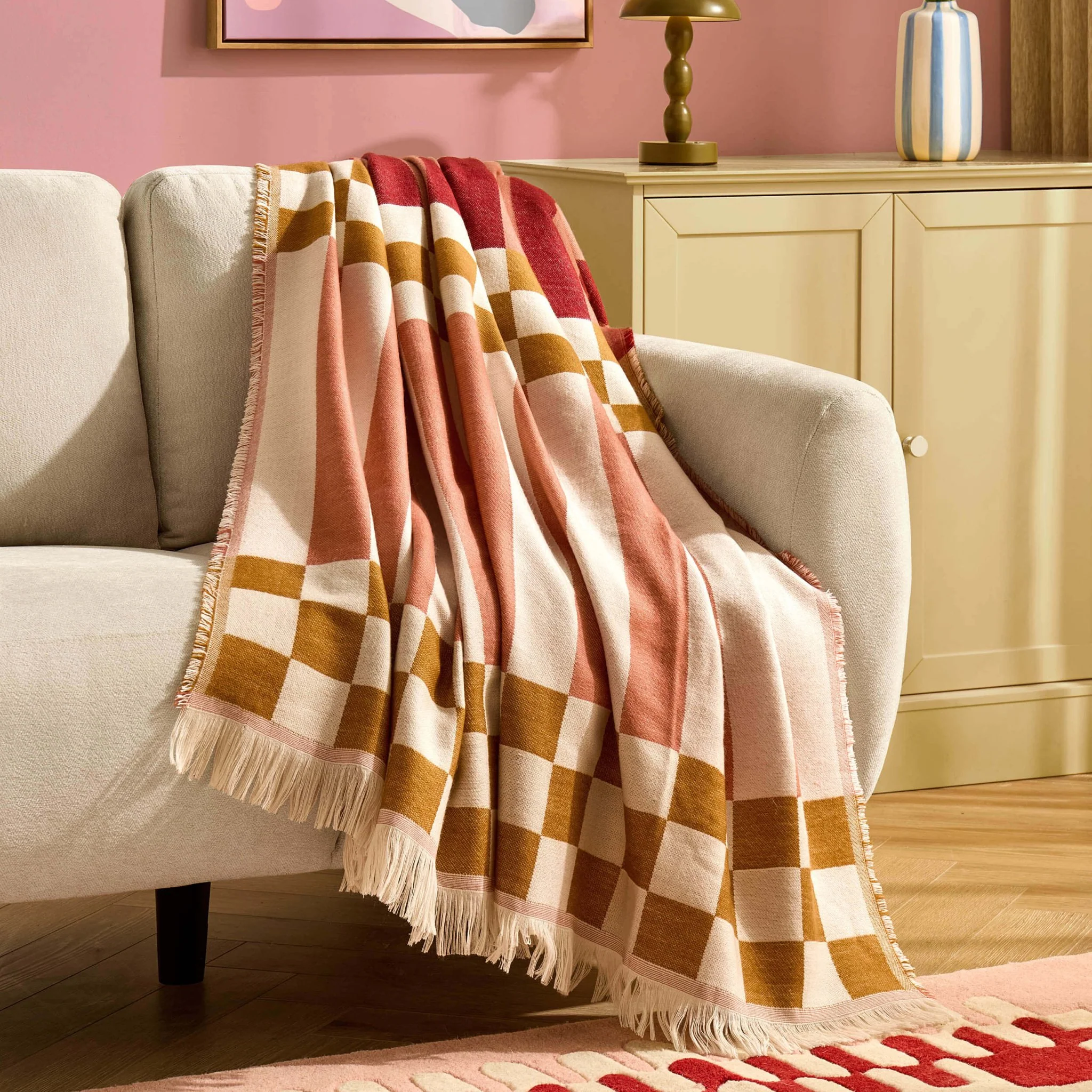 Checkerboard Sofa Throw - Pink/ Yellow