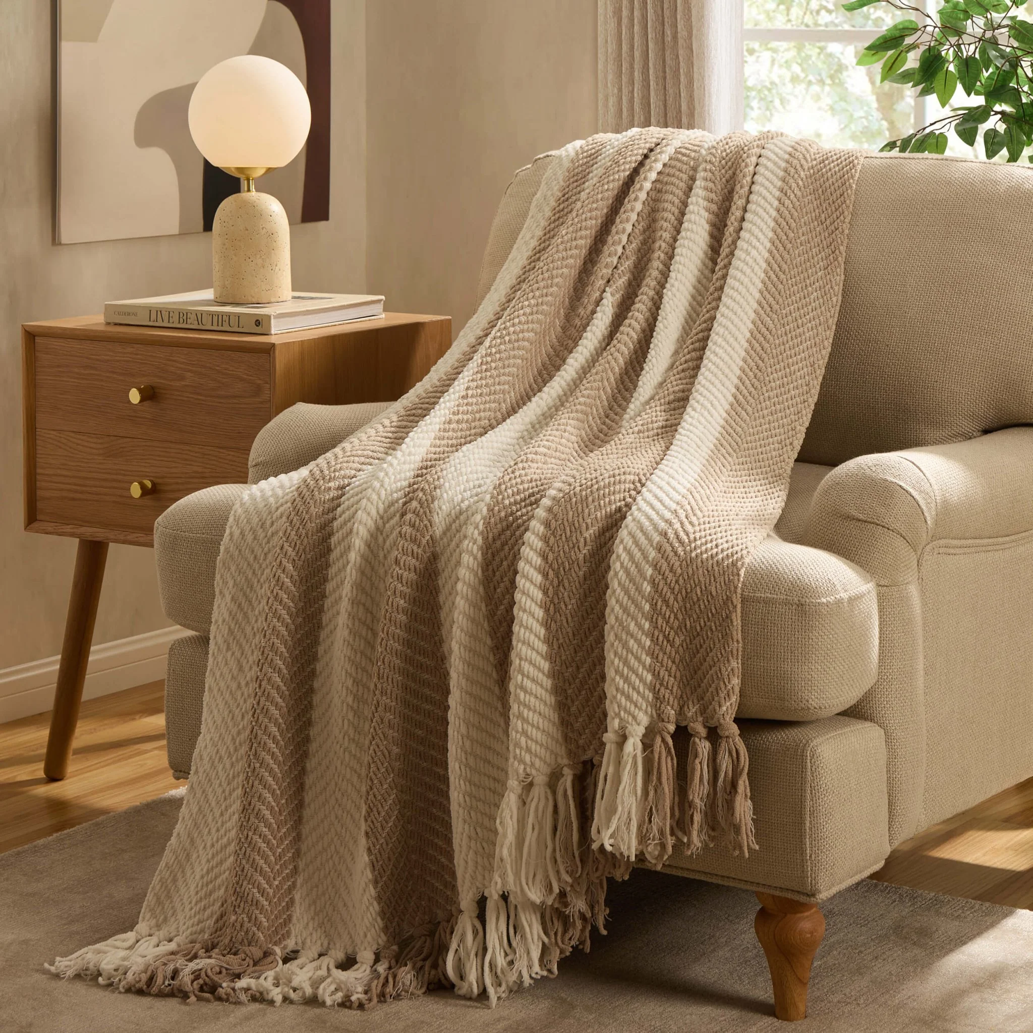 Chenille Stripe Tassel Herringbone Sofa Throw - Oatmeal/White