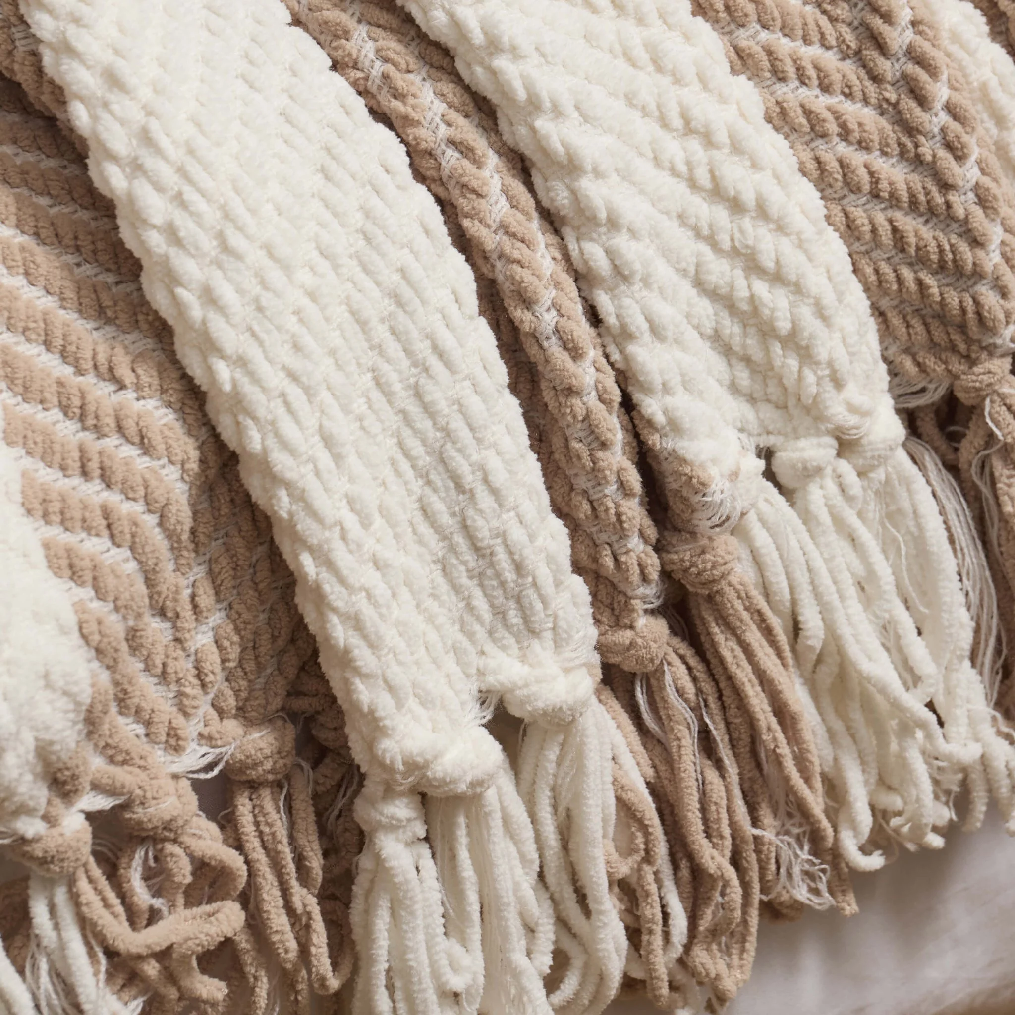 Chenille Stripe Tassel Herringbone Throw - Oatmeal/White - Image 3