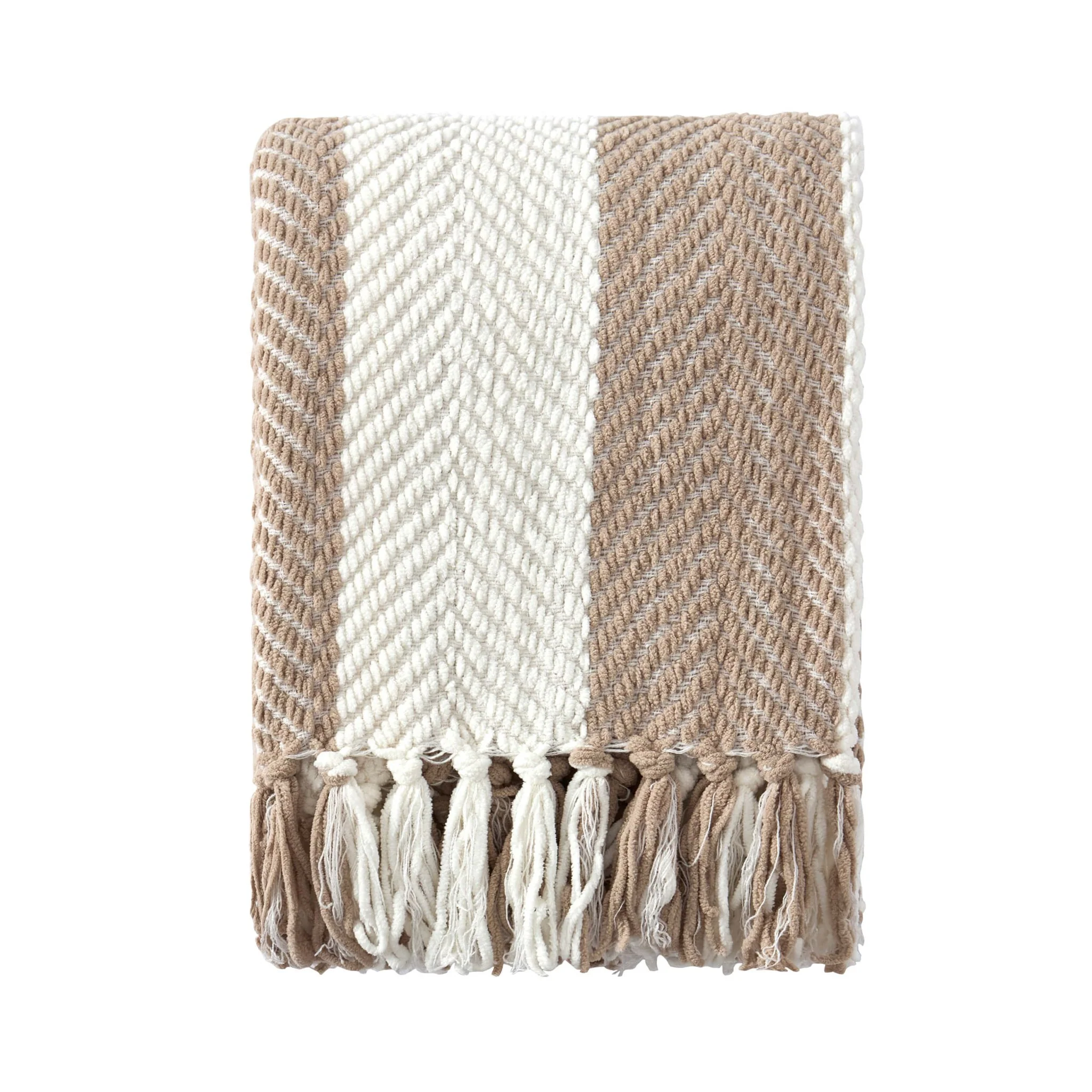Chenille Stripe Tassel Herringbone Throw - Oatmeal/White - Image 5