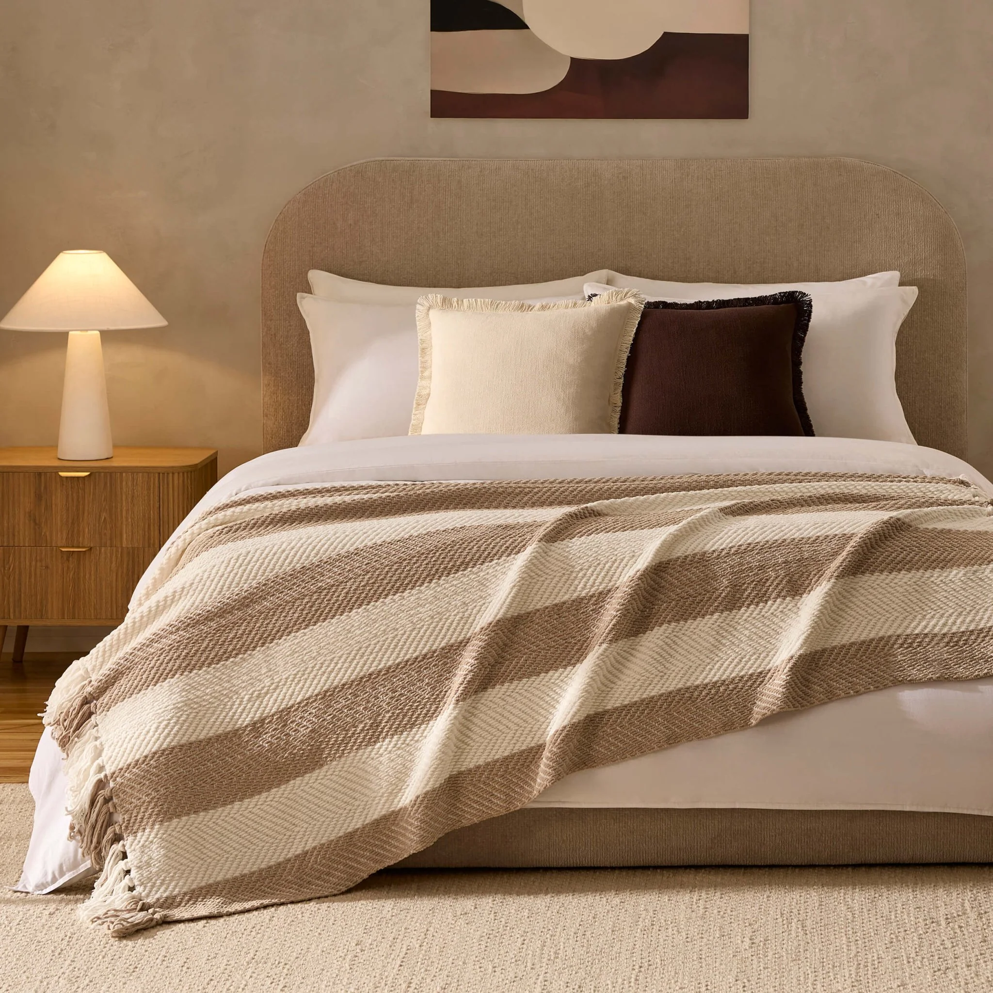 Chenille Stripe Tassel Herringbone Throw - Oatmeal/White