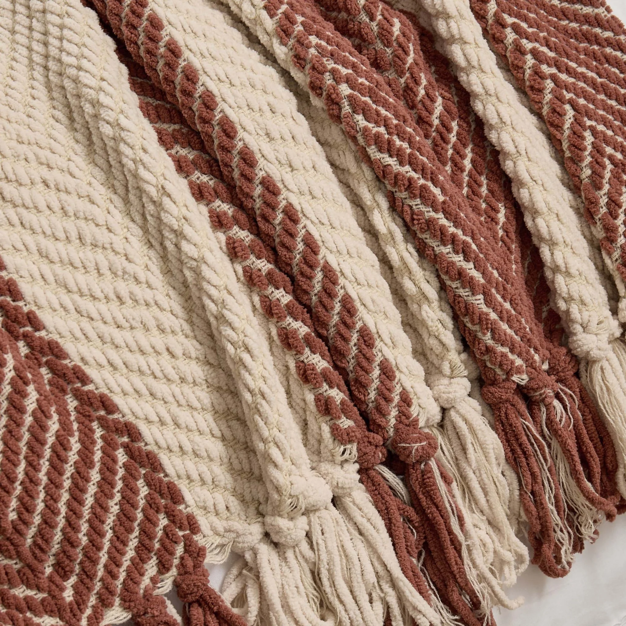 Chenille Stripe Tassel Herringbone Throw - Rust/Cream - Image 2