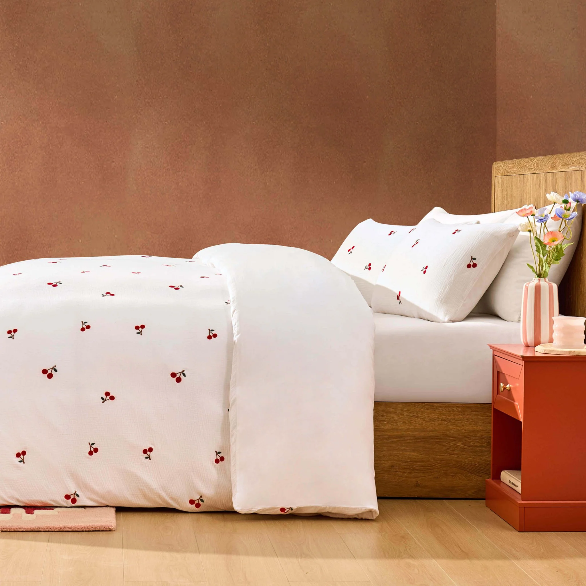 Cherry Embroidery 100% Cotton Muslin Duvet Cover & Pillowcase Set - White - Image 2