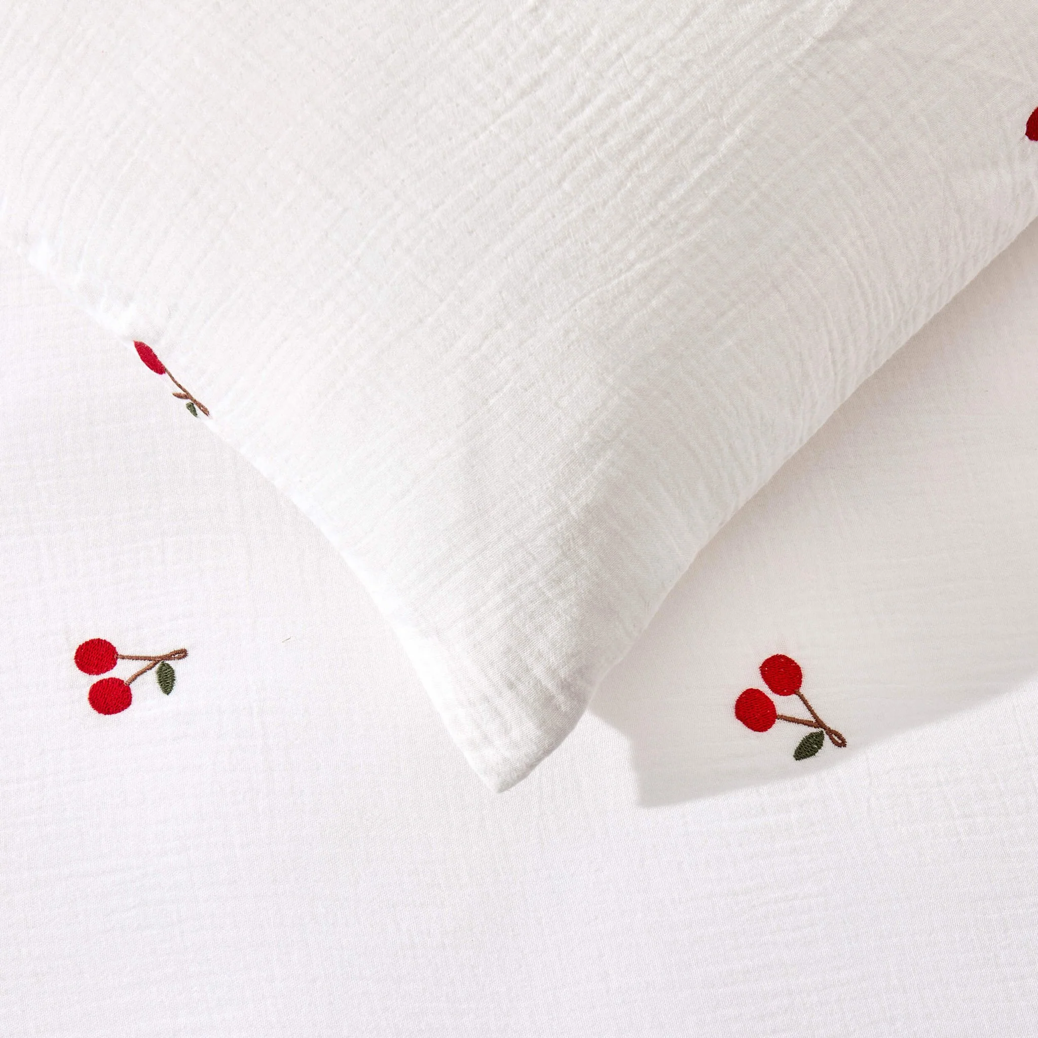 Cherry Embroidery 100% Cotton Muslin Duvet Cover & Pillowcase Set - White - Image 4