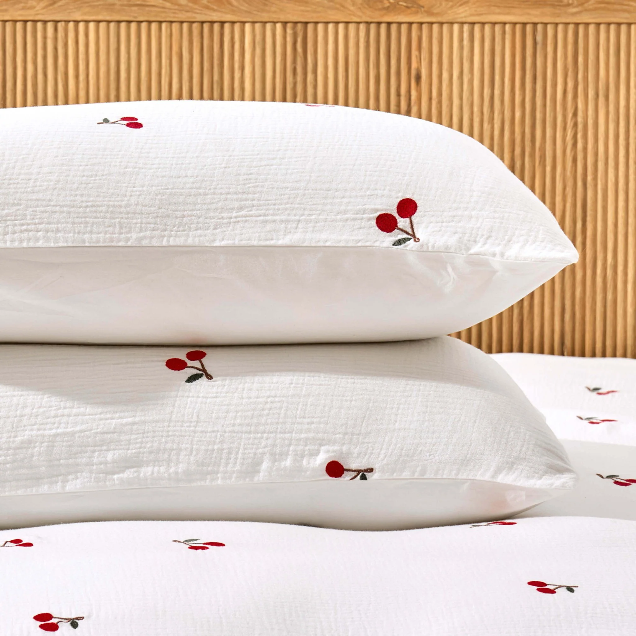 Cherry Embroidery 100% Cotton Muslin Duvet Cover & Pillowcase Set - White - Image 7