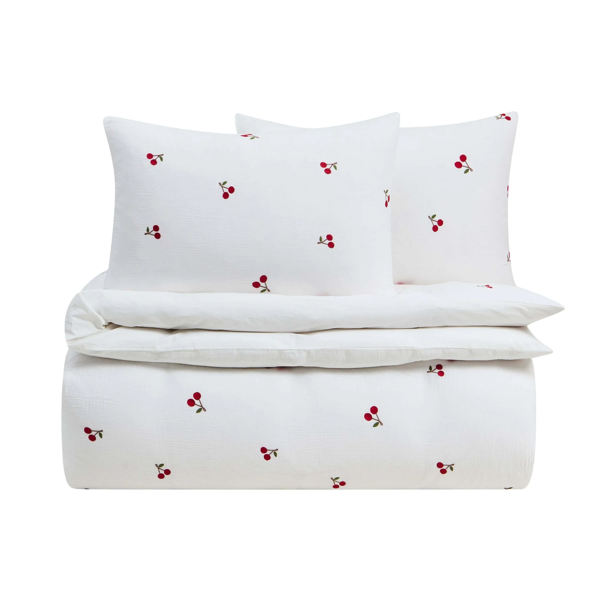 Cherry Embroidery 100% Cotton Muslin Duvet Cover & Pillowcase Set - White - Image 8