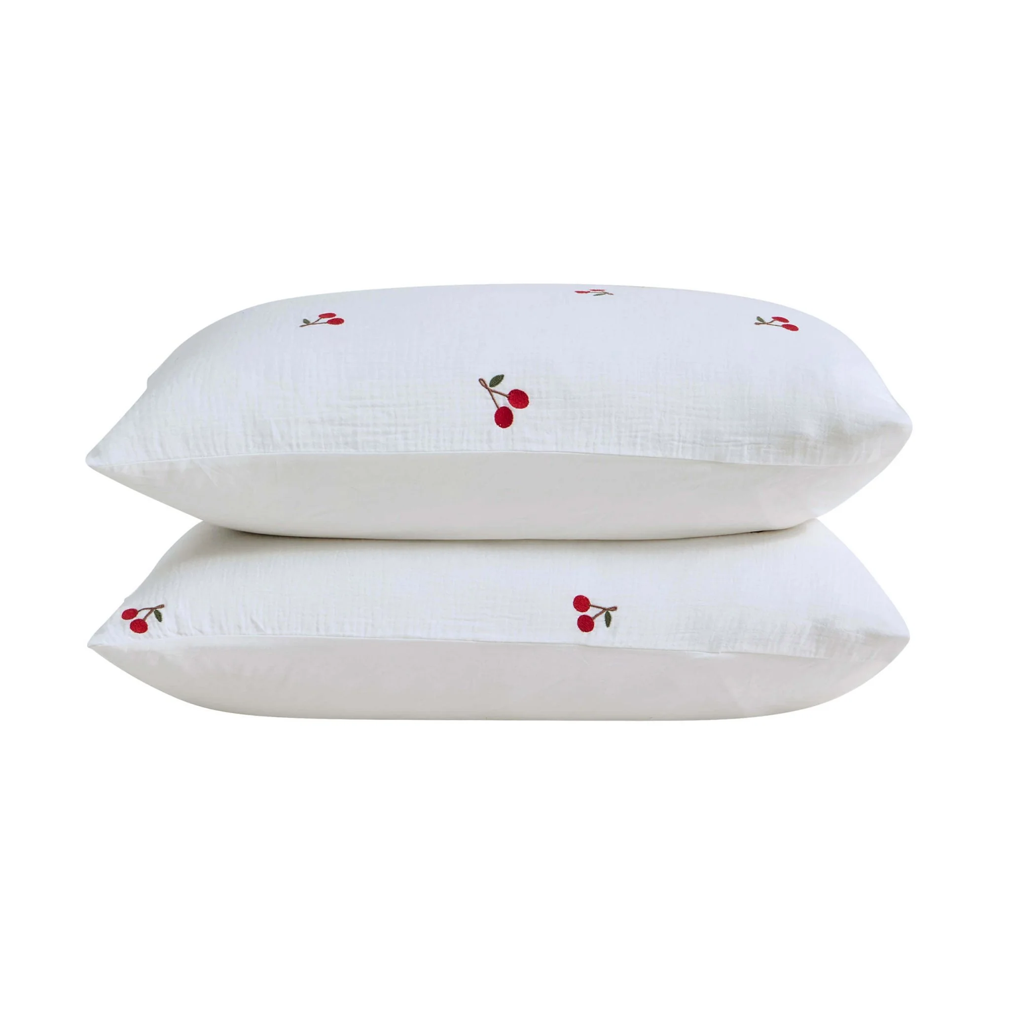 Cherry Embroidery 100% Cotton Muslin Duvet Cover & Pillowcase Set - White - Image 9