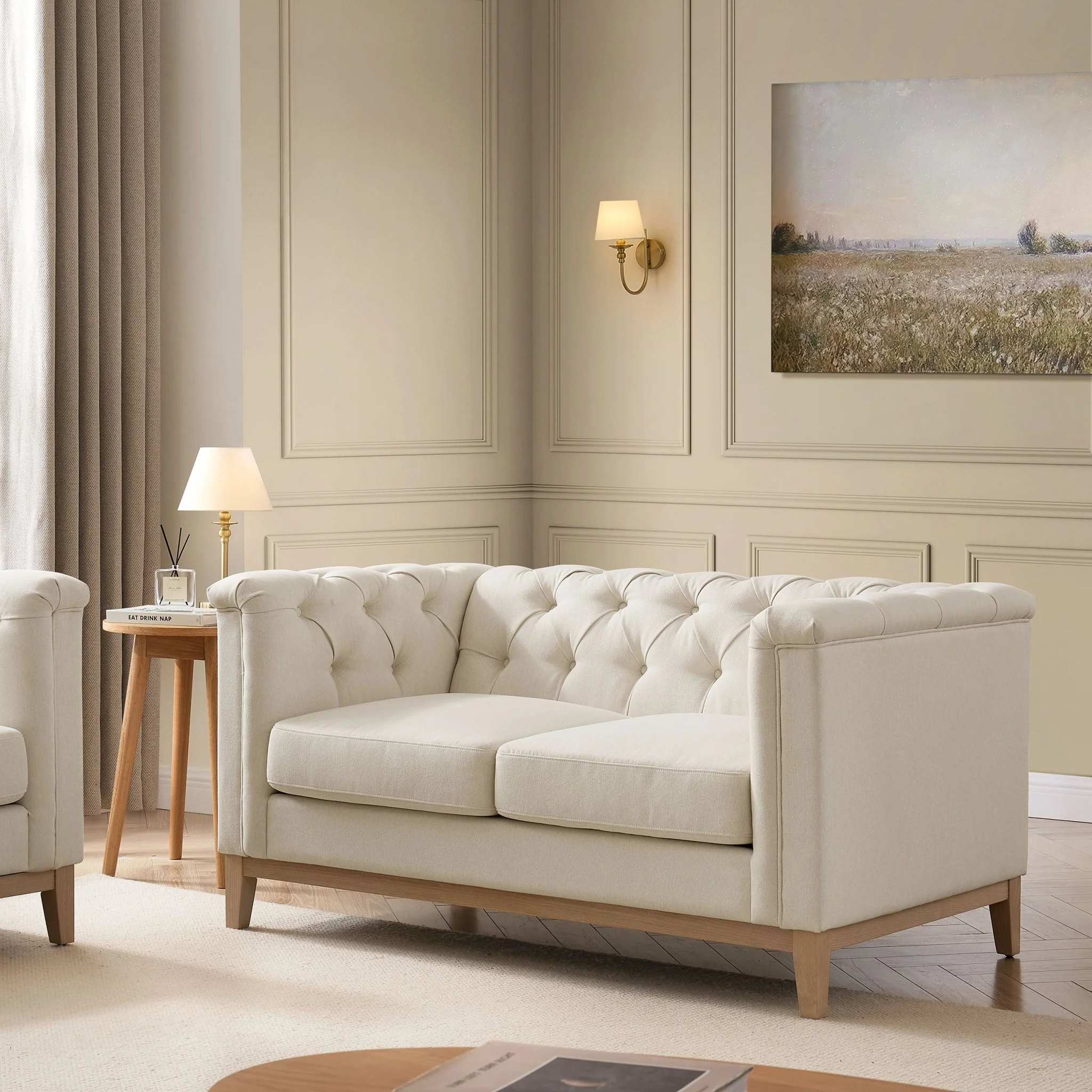 Chesterfield 2 Seater Sofa - Cream Linen