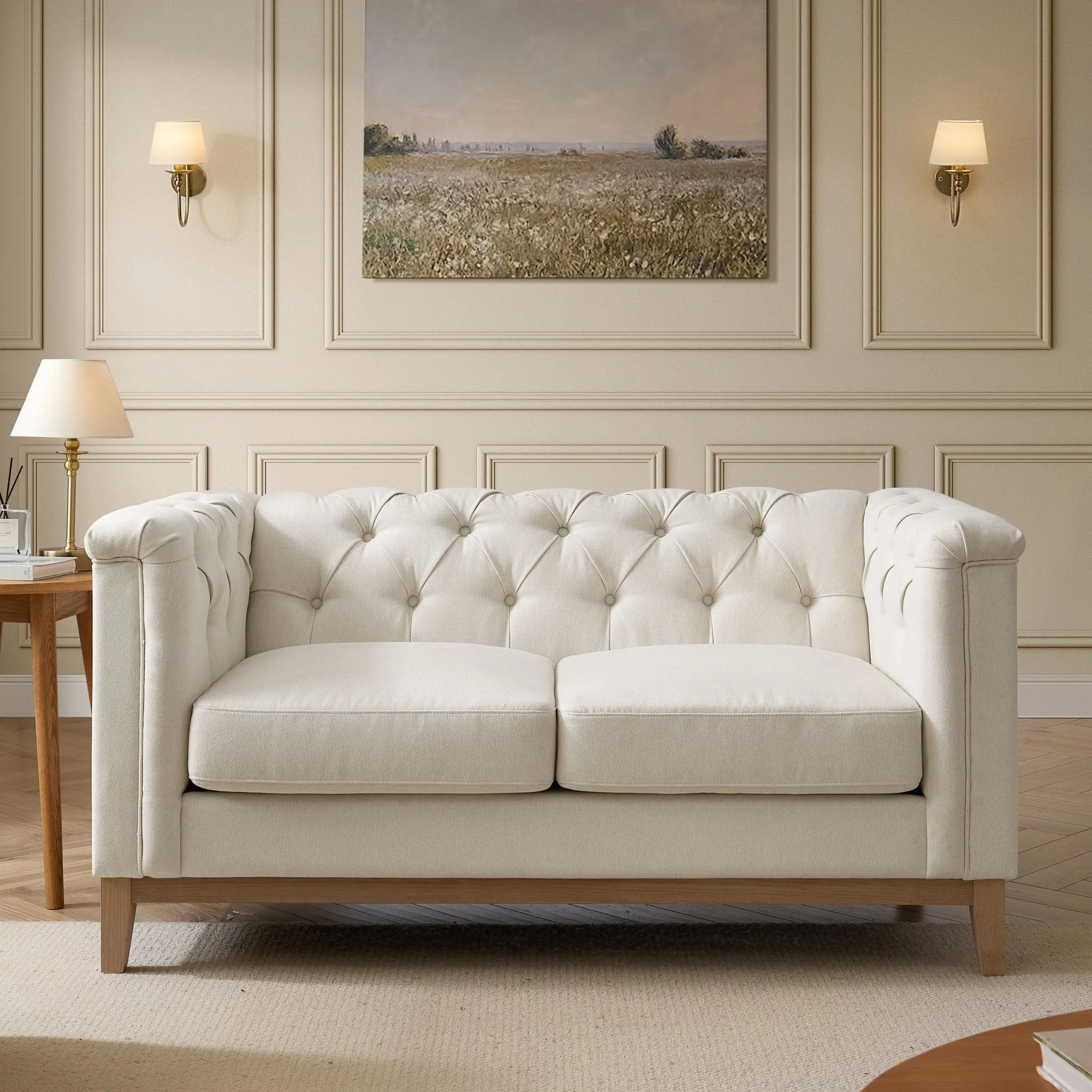 Chesterfield 2 Seater Sofa - Cream Linen - Image 2