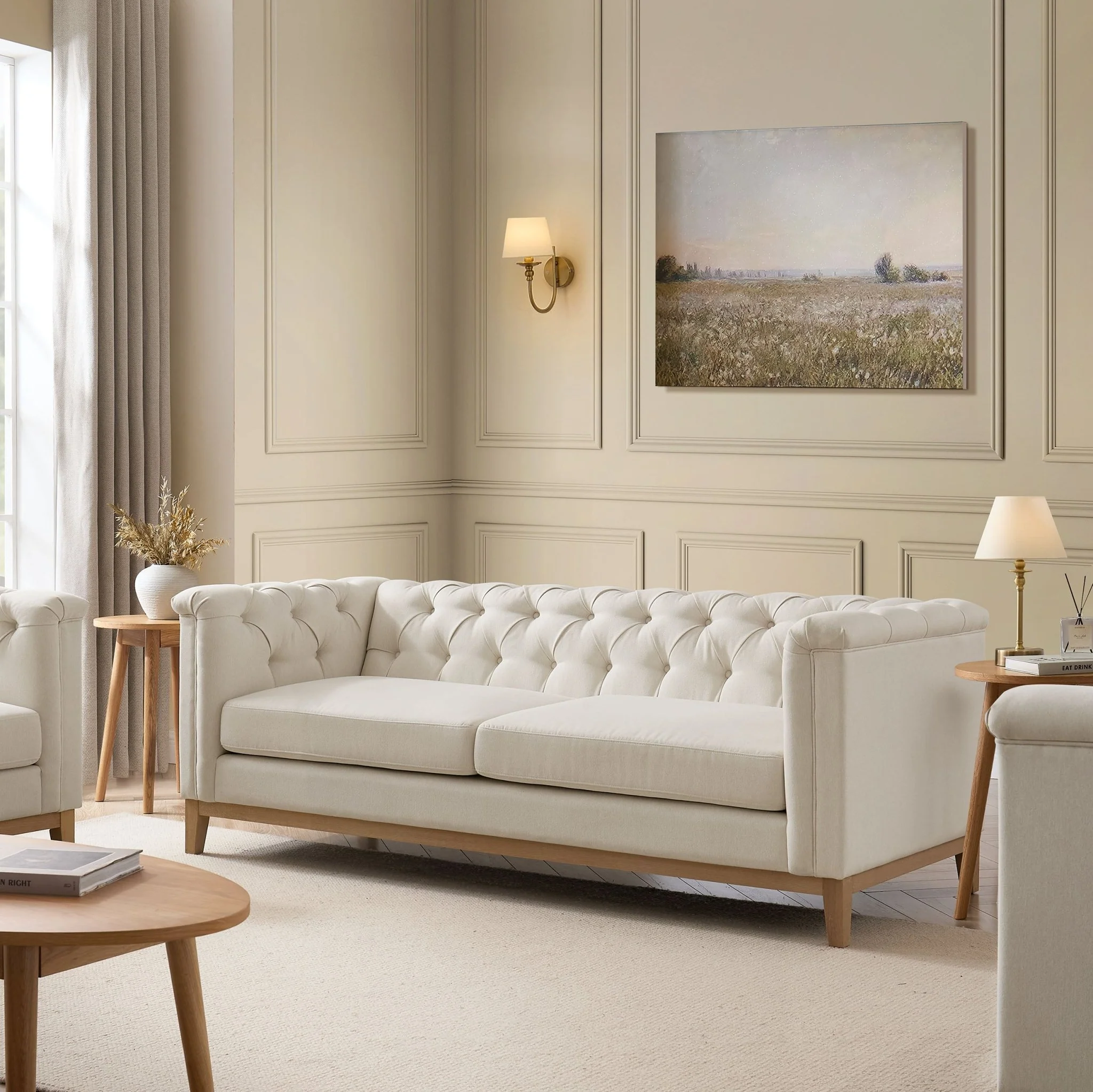 Chesterfield 3 Seater Sofa - Cream Linen