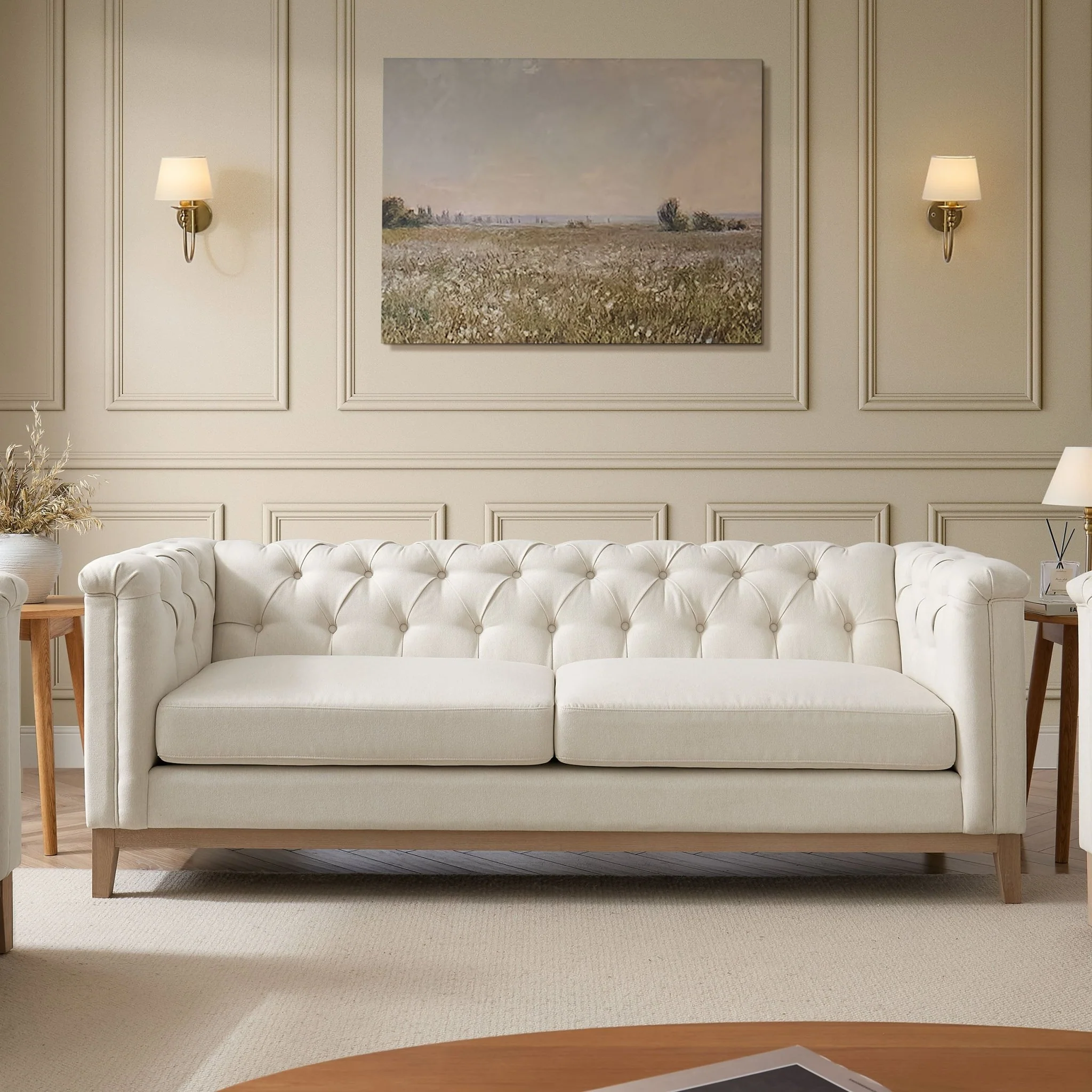Chesterfield 3 Seater Sofa - Cream Linen - Image 2