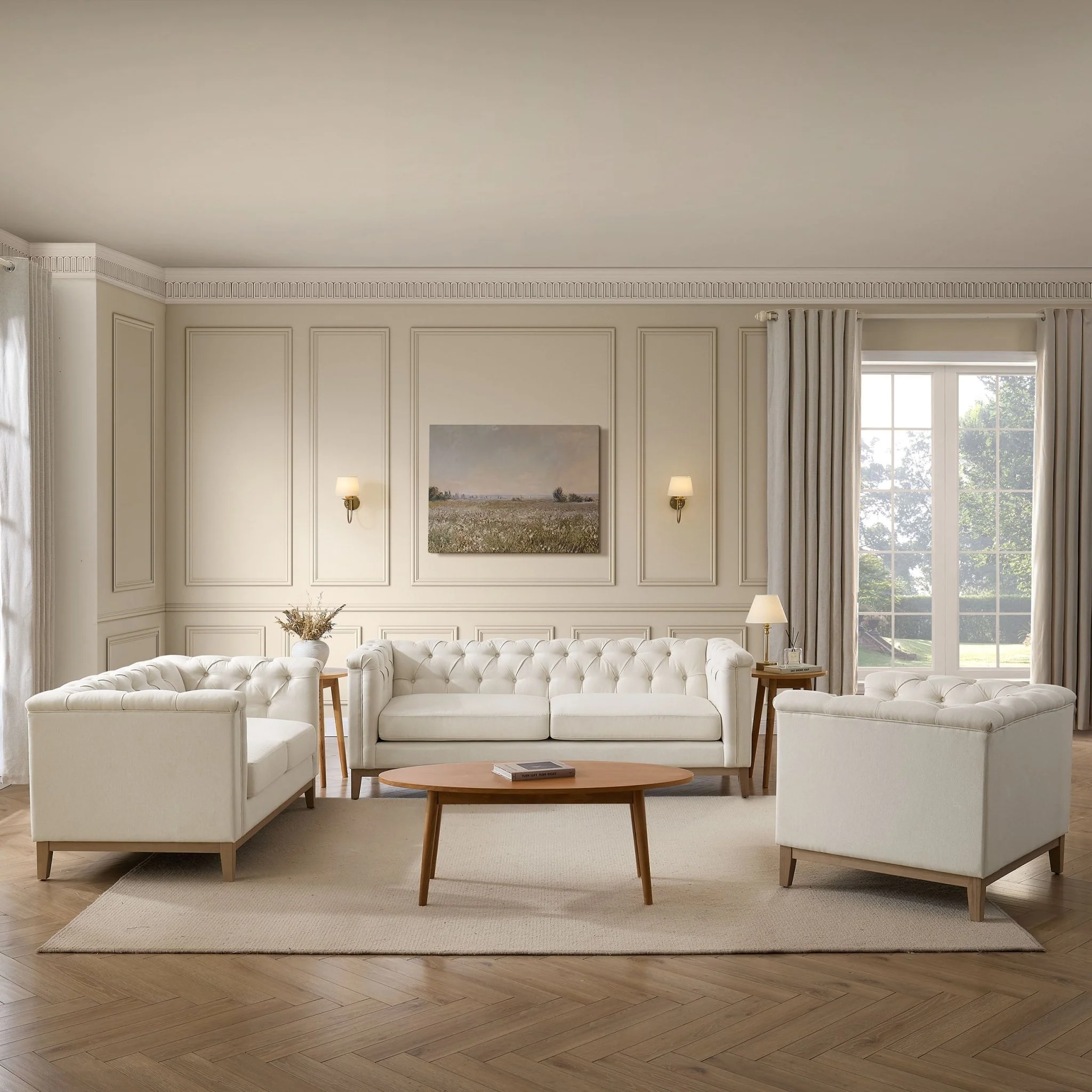 Chesterfield 3 Seater Sofa - Cream Linen - Image 3